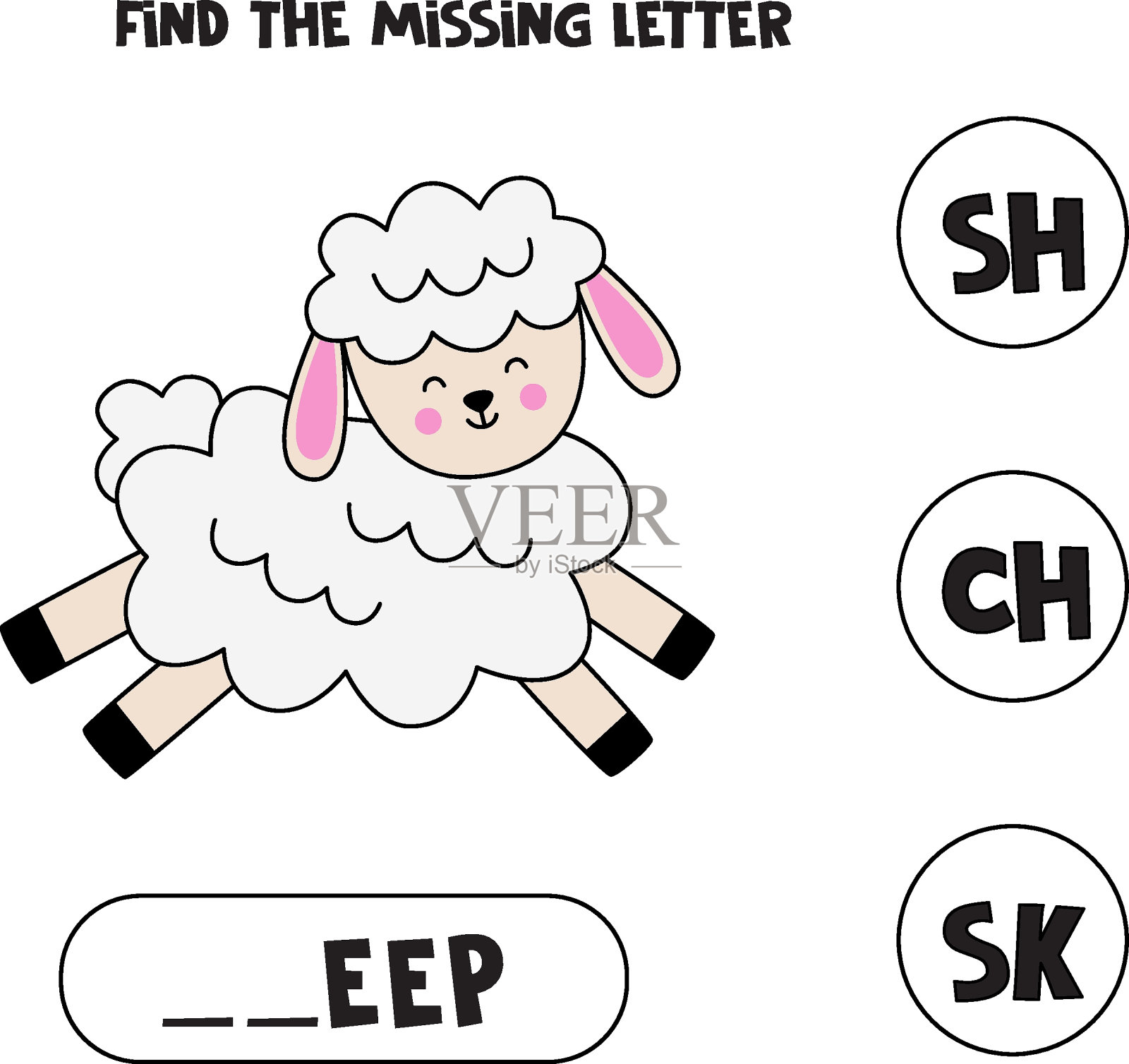 找到丢失的信与可爱的复活节羊。拼写工作表。插画图片素材