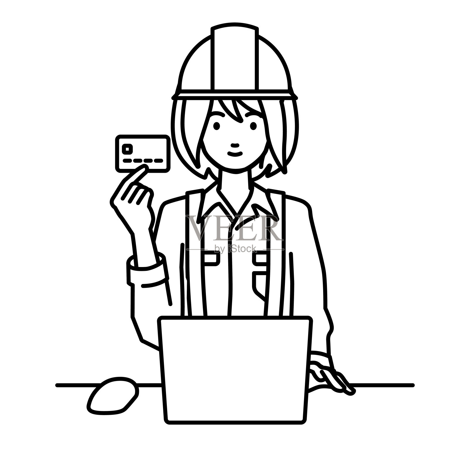 一位在建筑工地工作的妇女，在她的办公桌上使用笔记本电脑，手里拿着一张信用卡插画图片素材