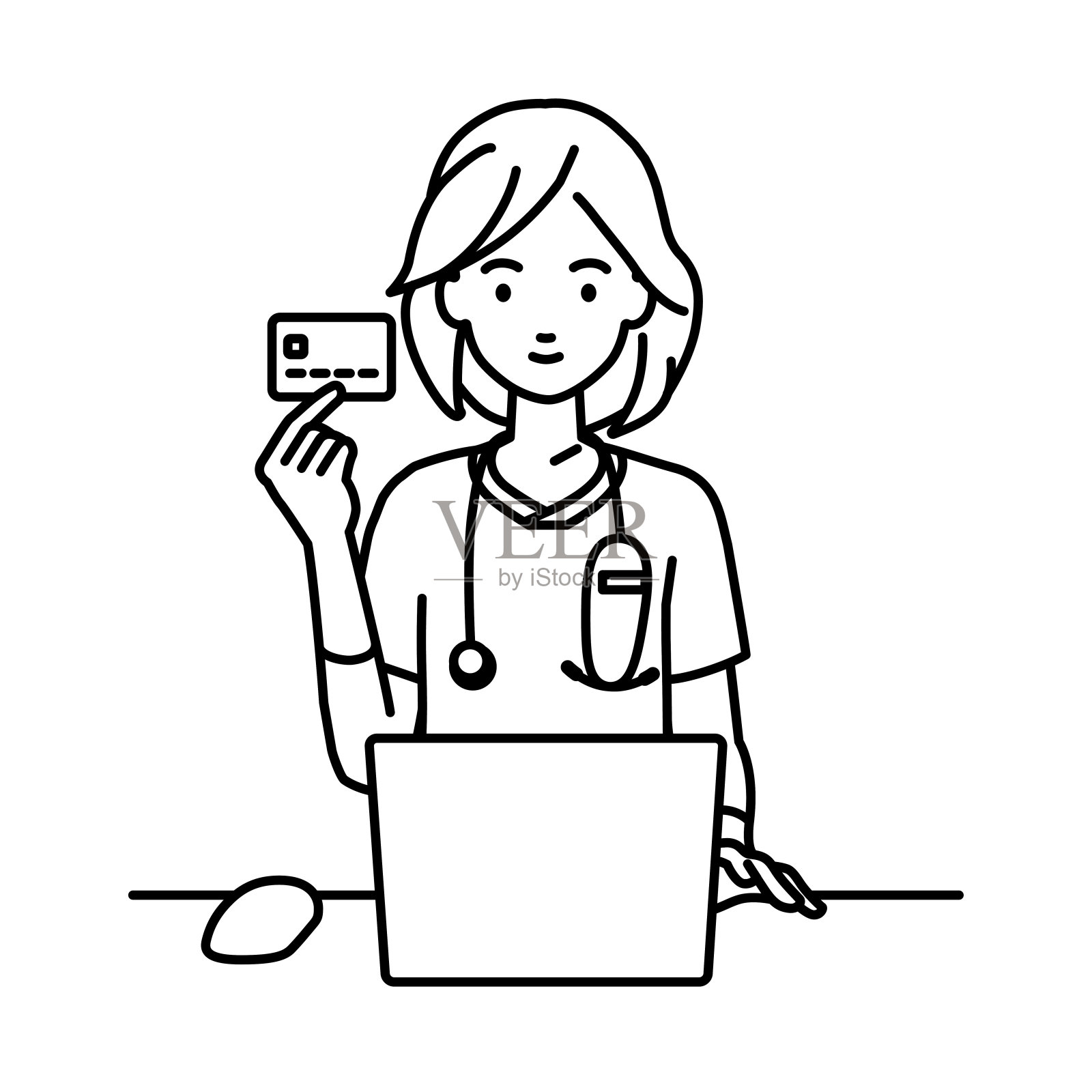 一个护士在她的桌子上用笔记本电脑，拿着一张信用卡插画图片素材