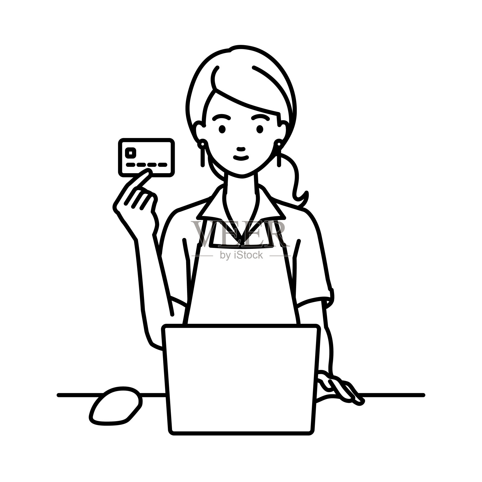 一位女士坐在咖啡馆的围裙上，手里拿着一张信用卡，在办公桌前使用笔记本电脑插画图片素材