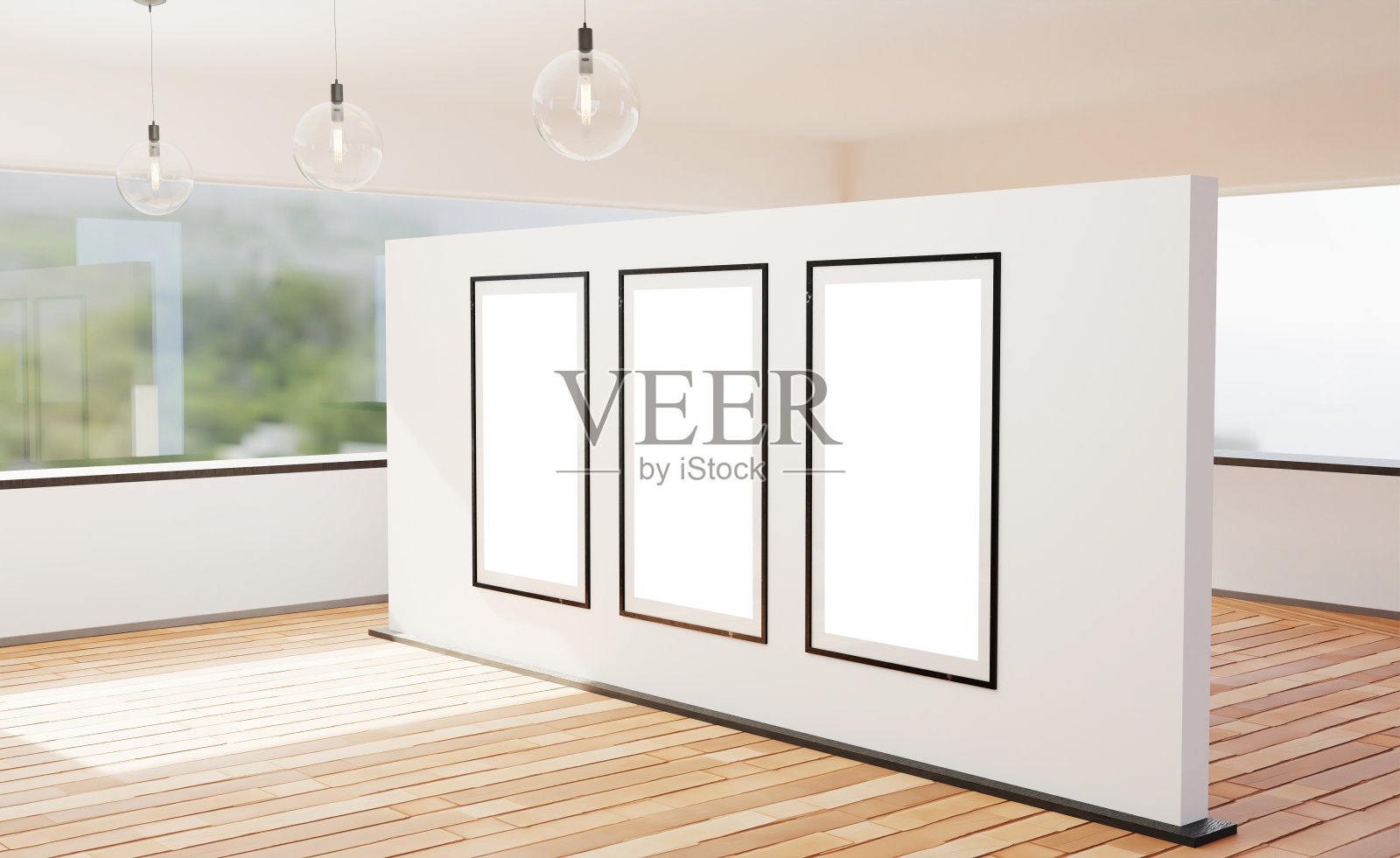 房间中央的墙上挂着空的相框。放置内容的概念。3d渲染，3d插图。照片摄影图片