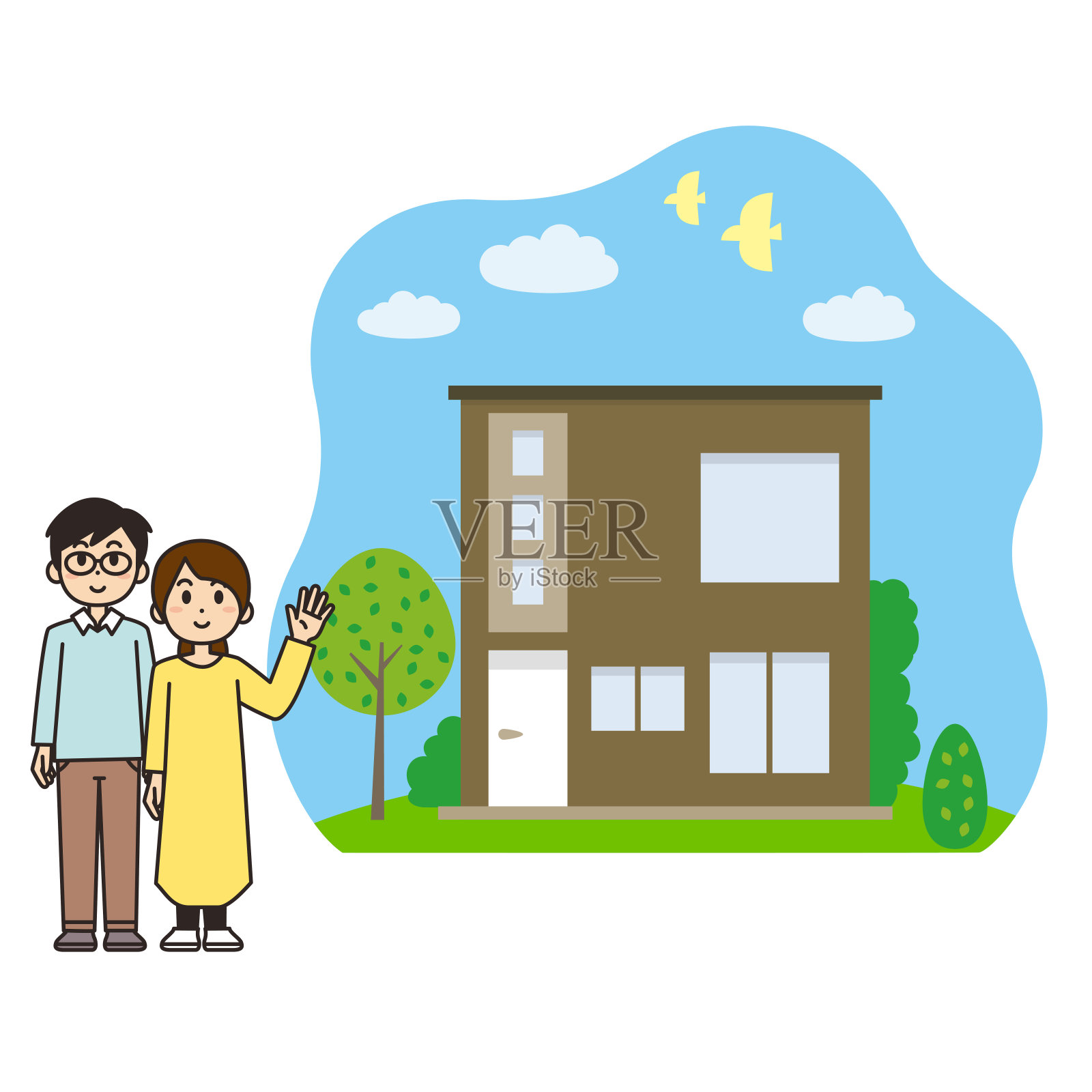 一对新婚夫妇和他们自己的家的插图。插画图片素材