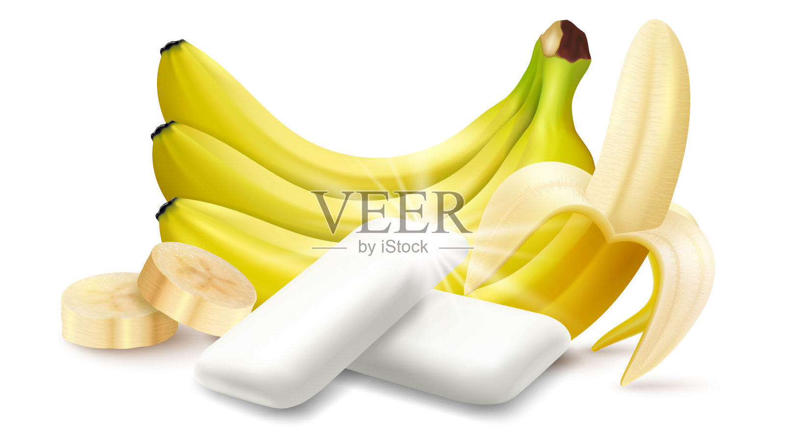香蕉味的水果口香糖颗粒。带有新鲜成熟香蕉的咀嚼垫。产品植入详细标签设计。品牌包装设计。三维向量插画图片素材