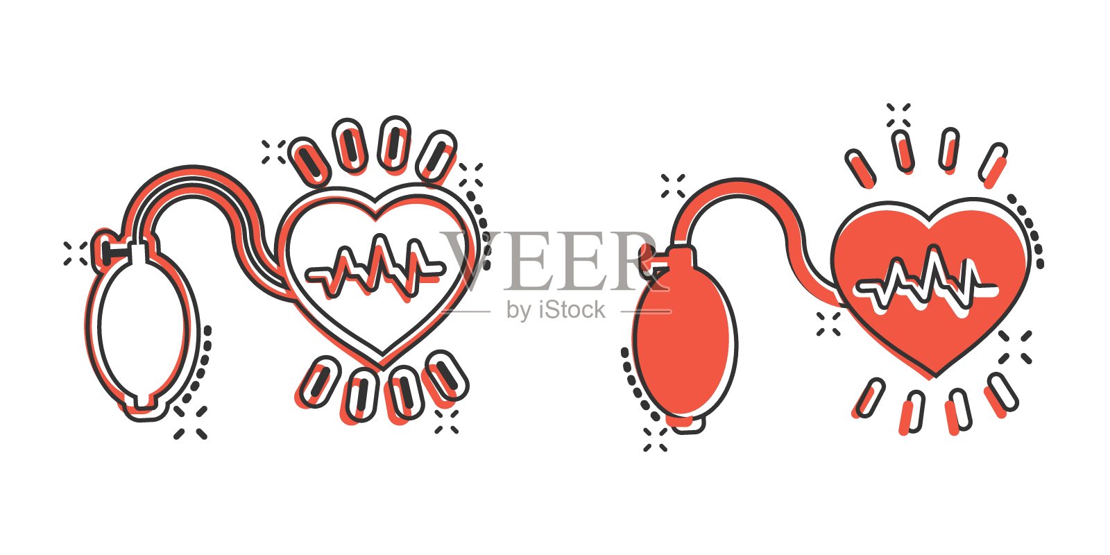 动脉血压图标在漫画风格。心跳监视器卡通矢量插图孤立的背景。脉诊溅射效应招牌经营理念。图标素材