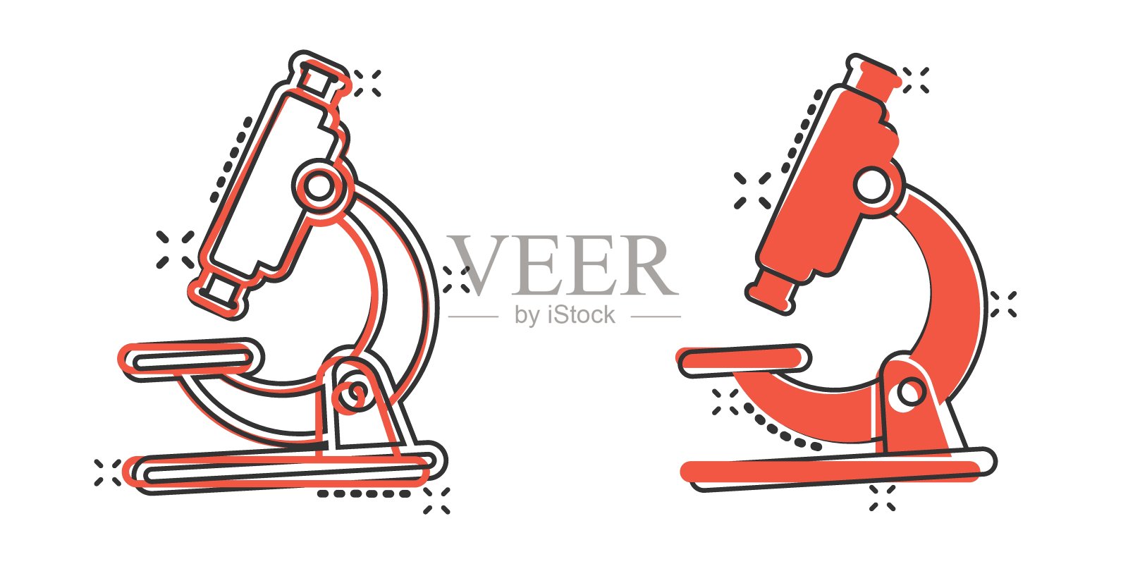 显微镜图标在漫画风格。实验室放大镜卡通矢量插图孤立的背景。生物仪器喷溅效应标志经营理念。插画图片素材