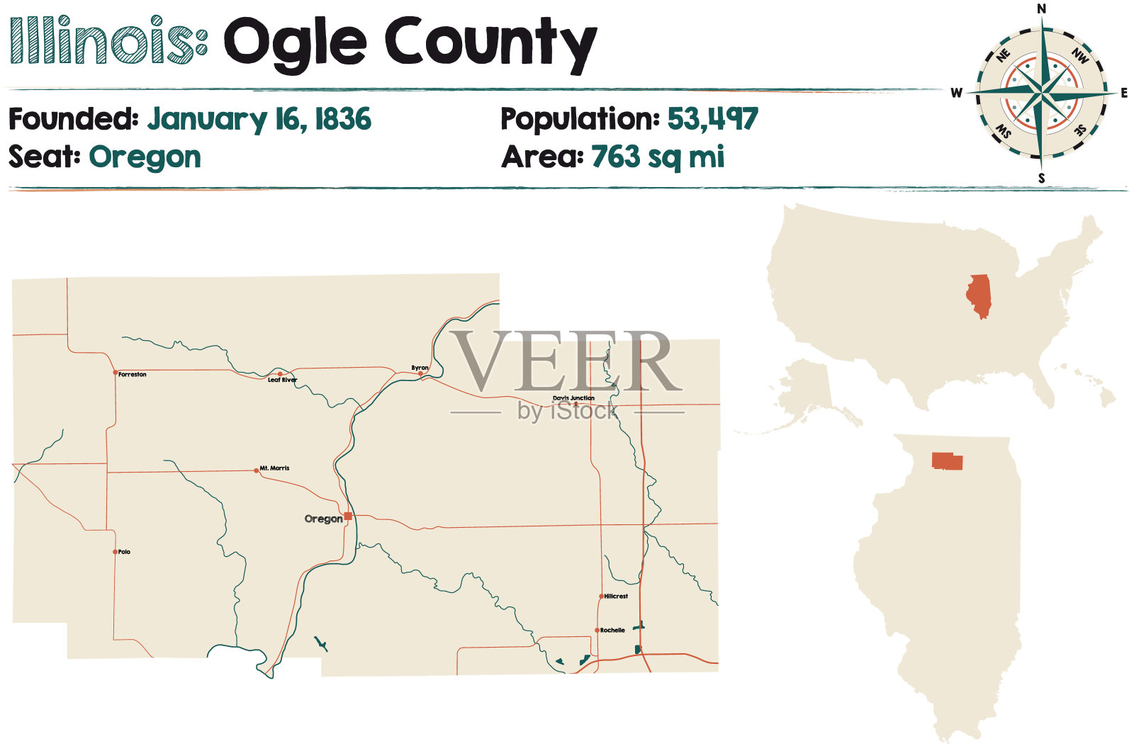 伊利诺斯州奥格尔县地图插画图片素材