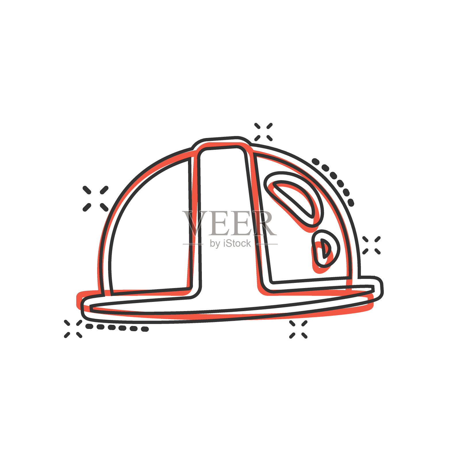 建筑头盔图标在漫画风格。安全帽卡通矢量插图孤立的背景。员工帽溅效应标志经营理念。插画图片素材