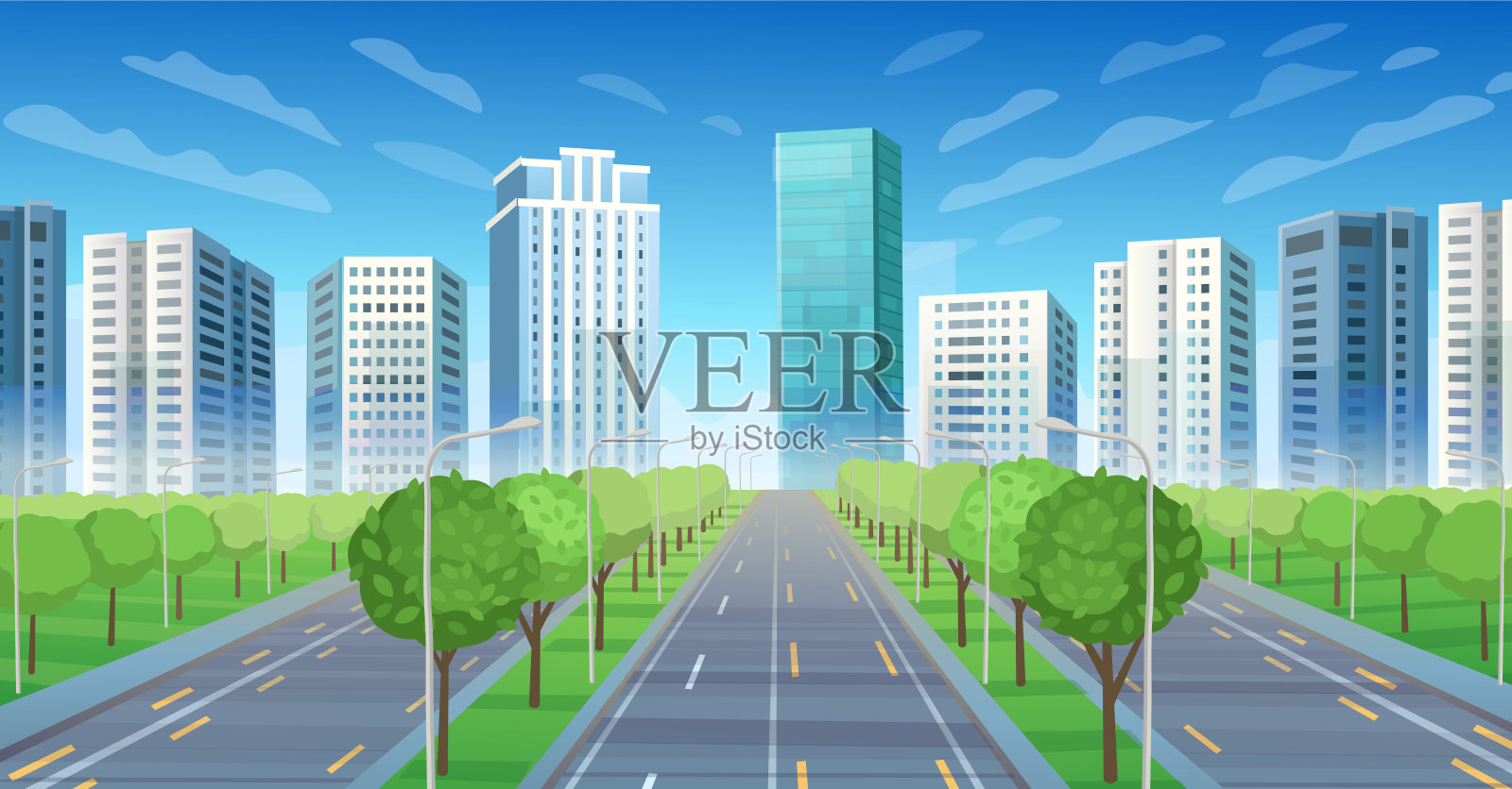 通往城市的路。城市景观背景与树木的视图。城市全景。卡通矢量插图。插画图片素材