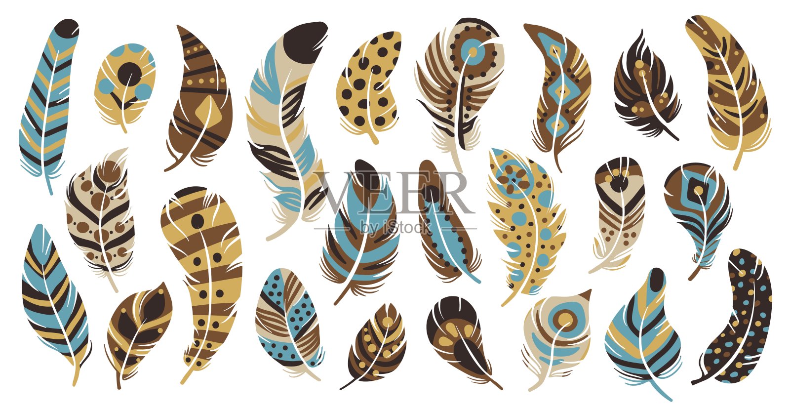 部落的羽毛。民族多元色彩的印度元素。装饰物品。柔和的曲线形状。羽毛画。鸟的羽毛。鹰毛或孔雀毛。向量模式对象集插画图片素材