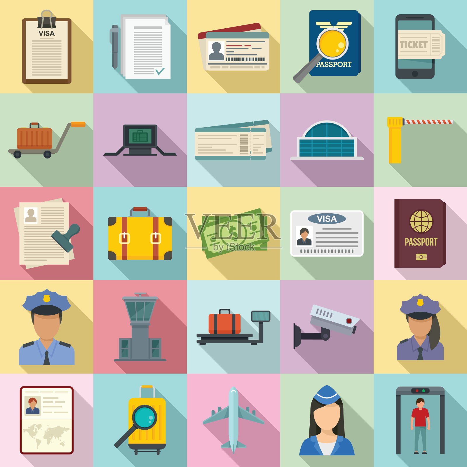 护照控制图标设置，平坦的风格插画图片素材