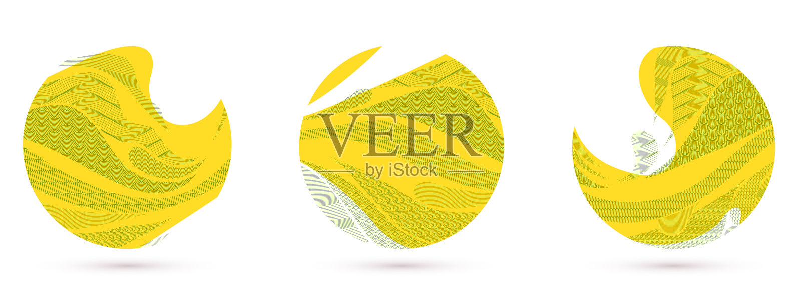 自然艺术东方日本风格矢量抽象背景设置在圆形的黄色，像水的形状和纹理线流动。插画图片素材