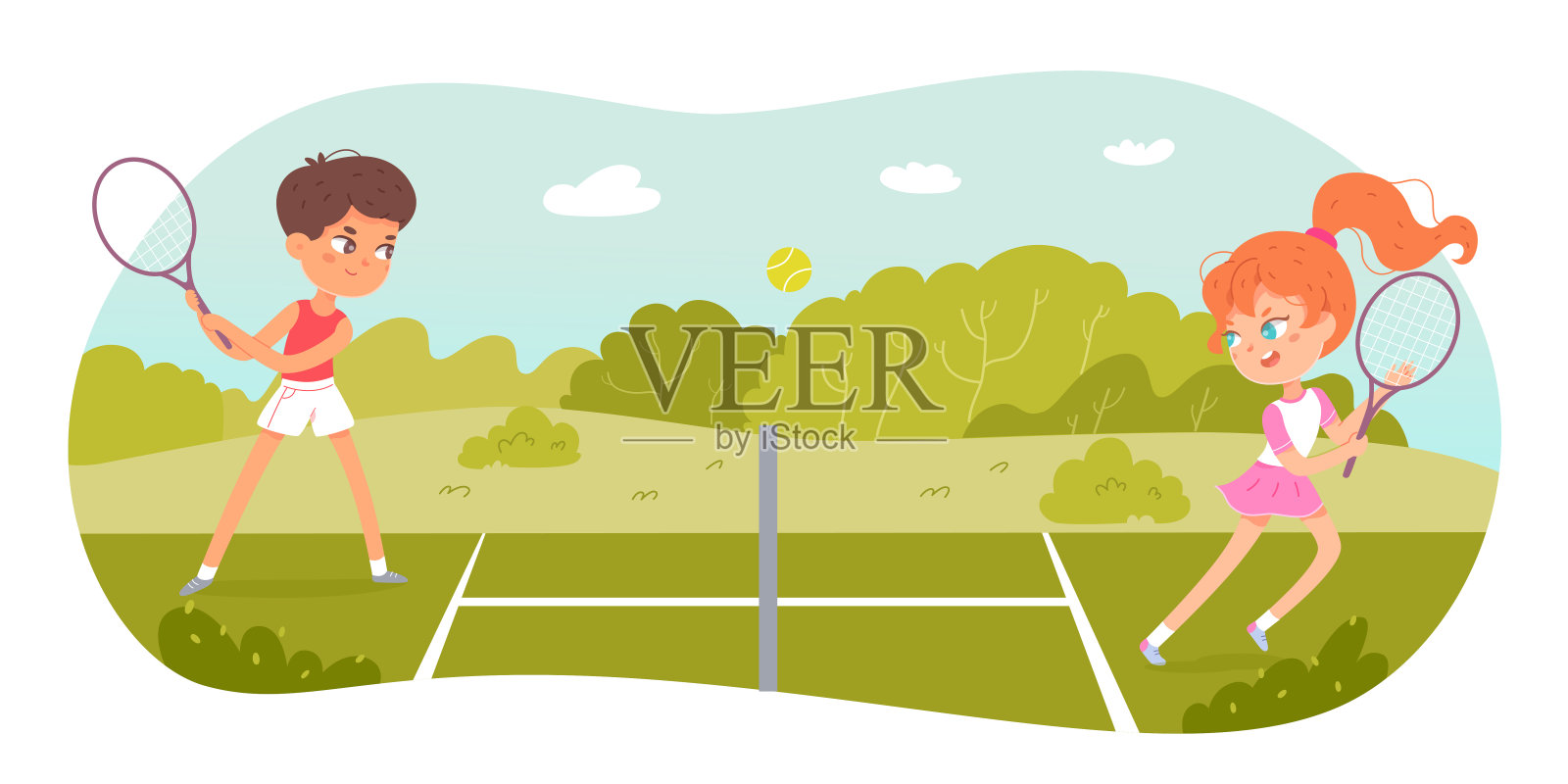 网球运动夏令营，学院或课程，少男少女用球拍训练插画图片素材