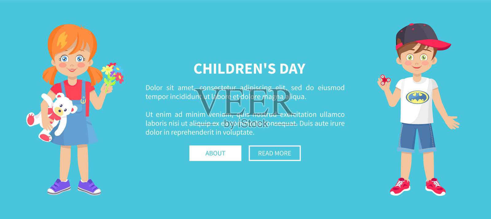 儿童的一天网页横幅与顽皮的男孩和女孩插画图片素材