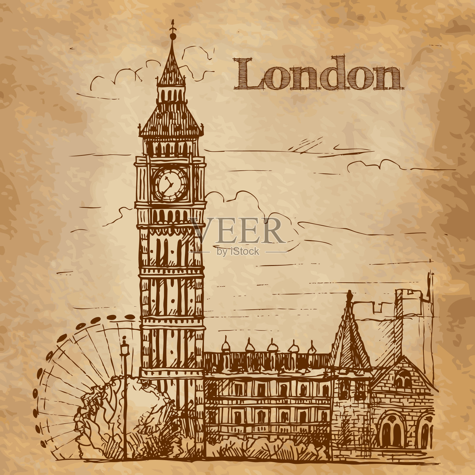 老式明信片上伦敦风景中的大本钟插画图片素材