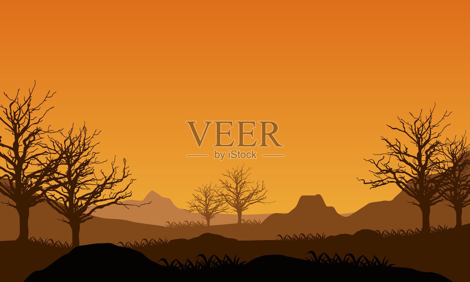 雄伟的山景与干树插画图片素材