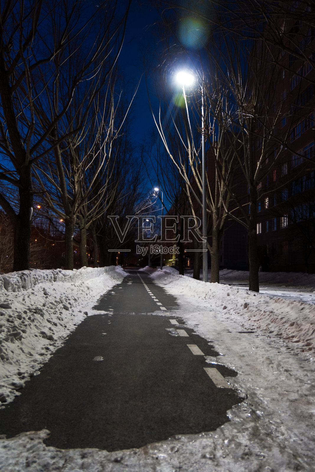夜晚的冬季自行车道。选择性聚焦，夜灯，灯笼。垂直图照片摄影图片