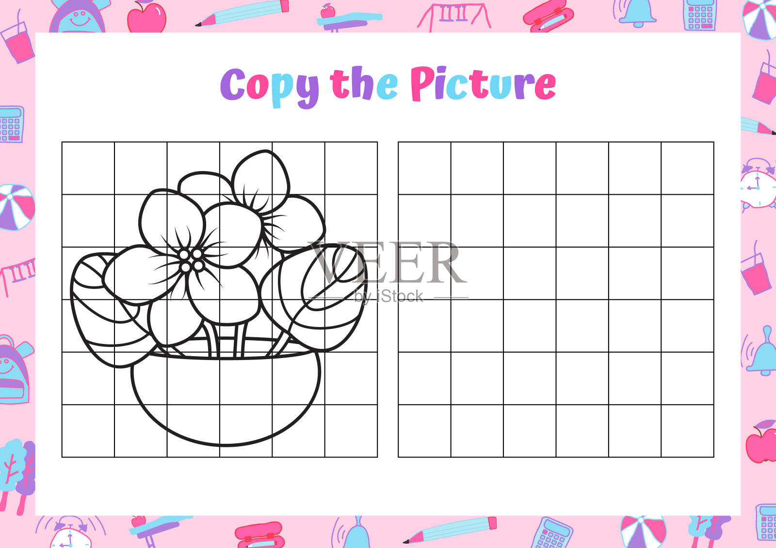 复制图片。壶紫罗兰。儿童绘画活动。学龄前儿童的教育游戏。矢量插图。插画图片素材