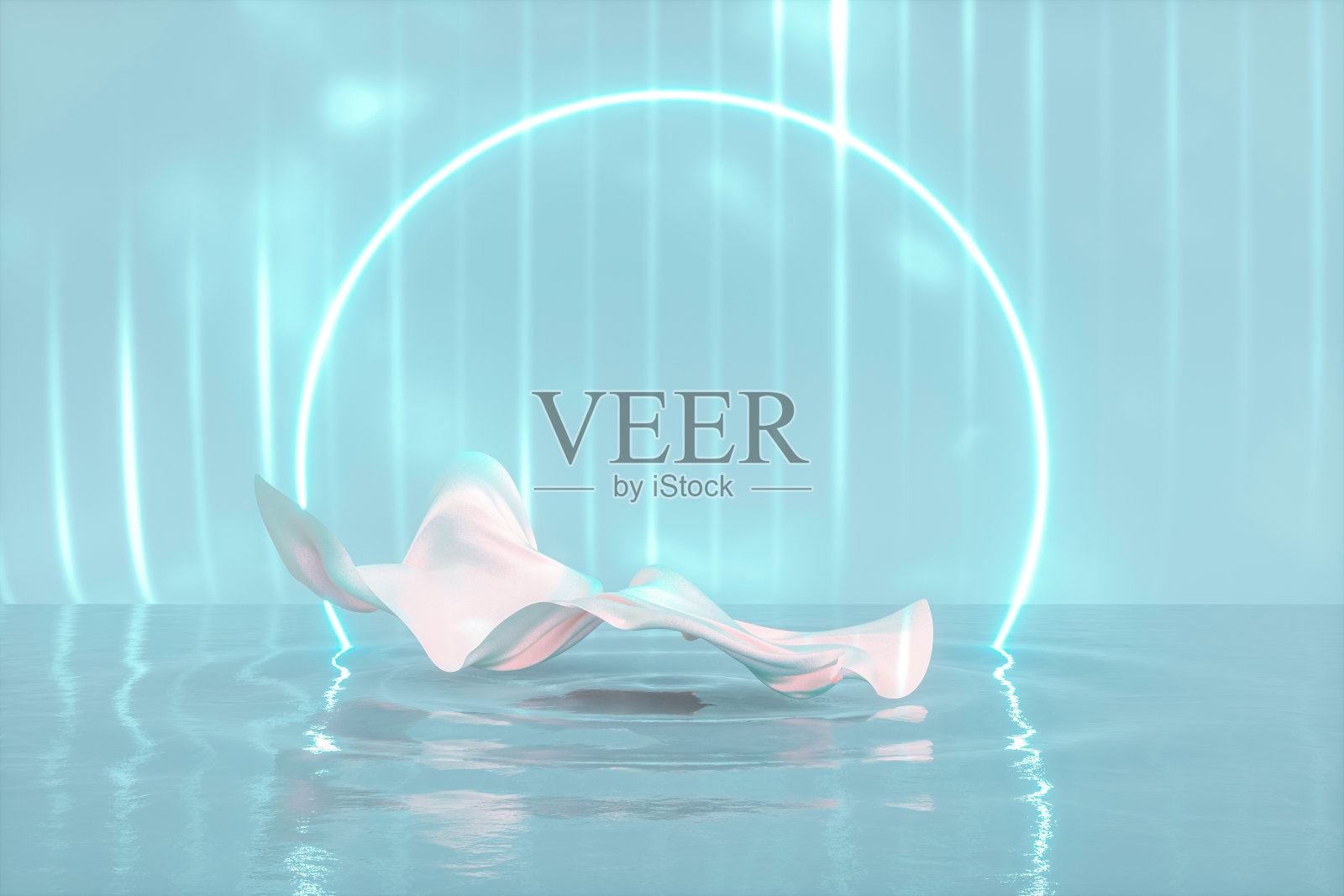 美丽时尚讲台的背景与织物浮在水上涟漪。照片摄影图片