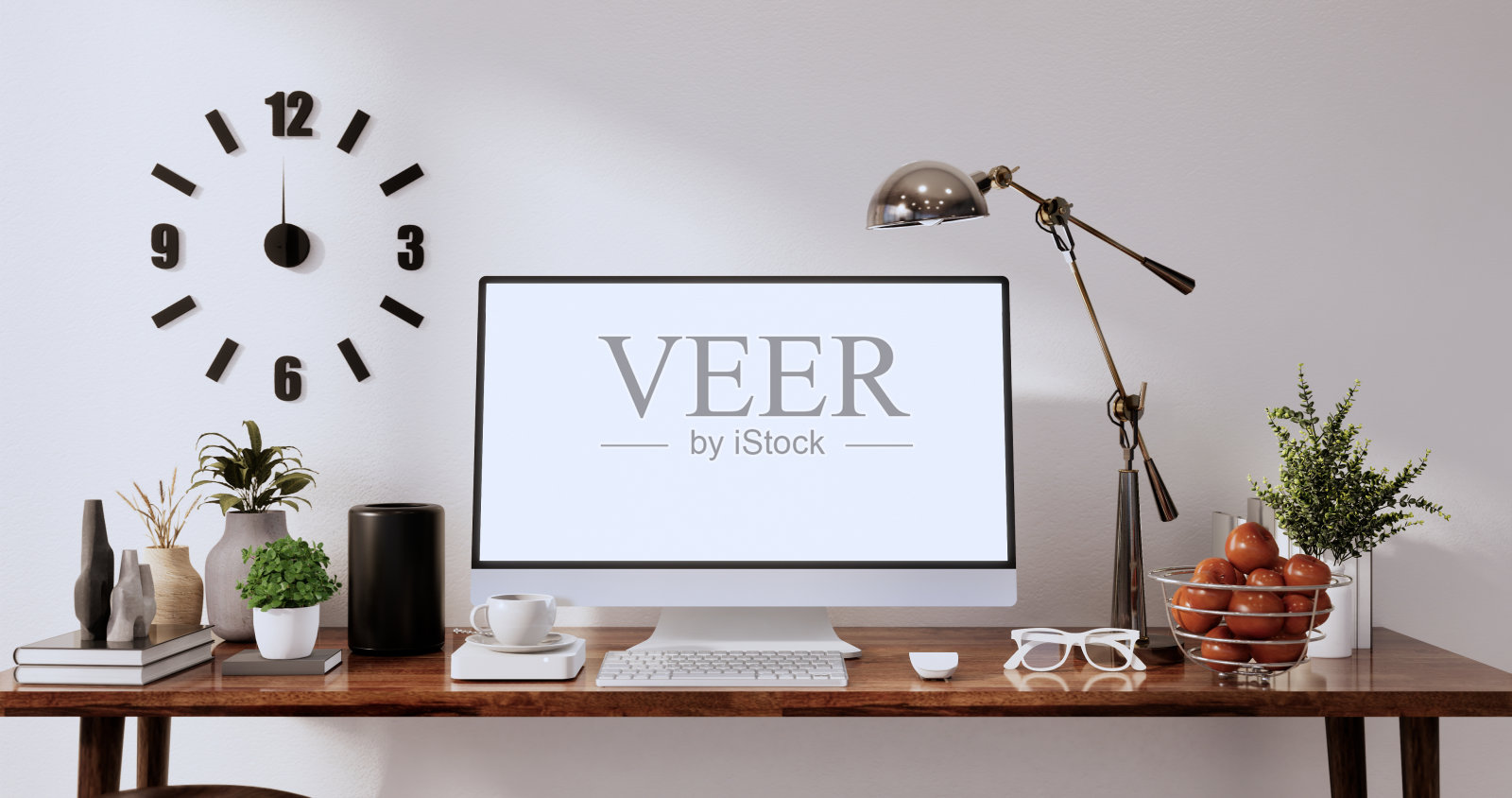 模拟办公桌。现代办公室的电脑屏幕一片空白。三维渲染照片摄影图片