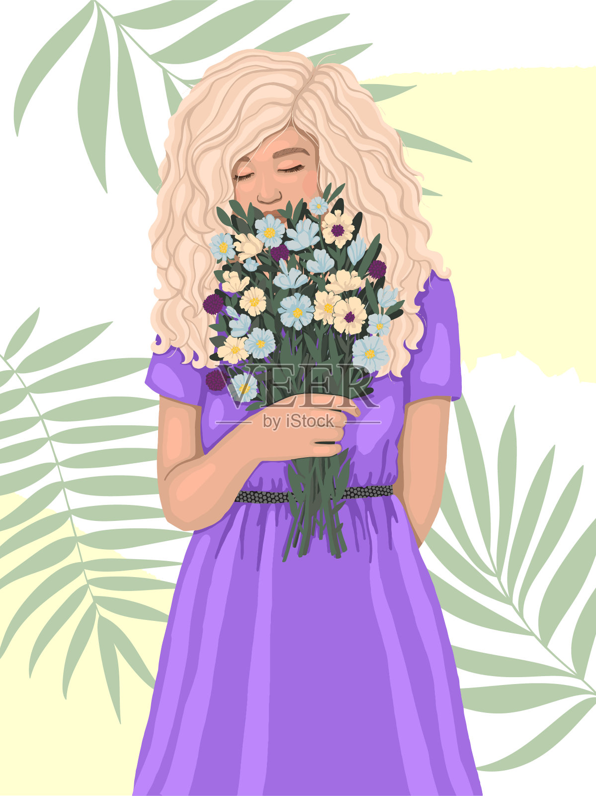 漂亮的女孩，穿着紫色的裙子，手捧一束花。现代向量插图。插画图片素材