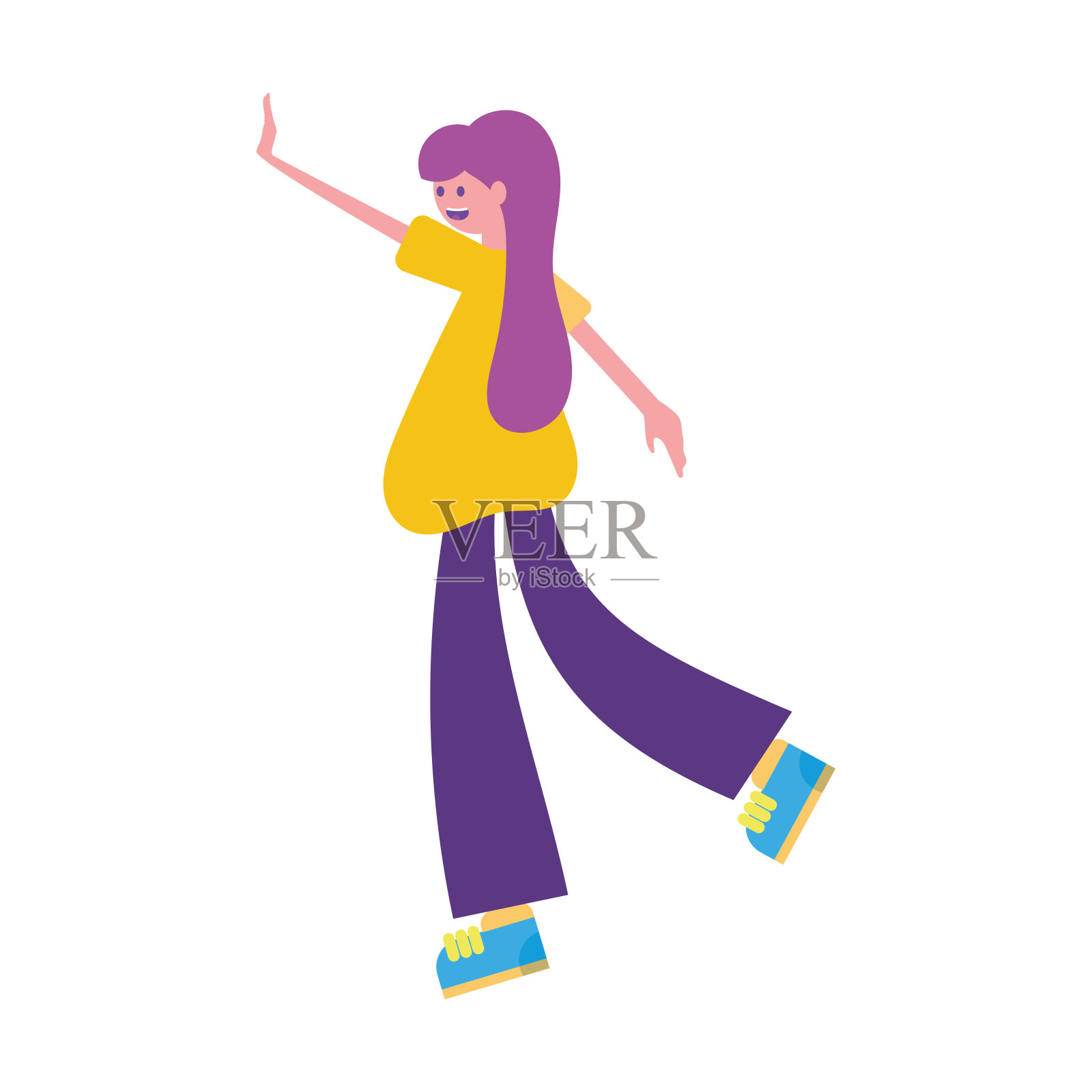 孤立快乐女孩卡通与一只手向上向量插画图片素材