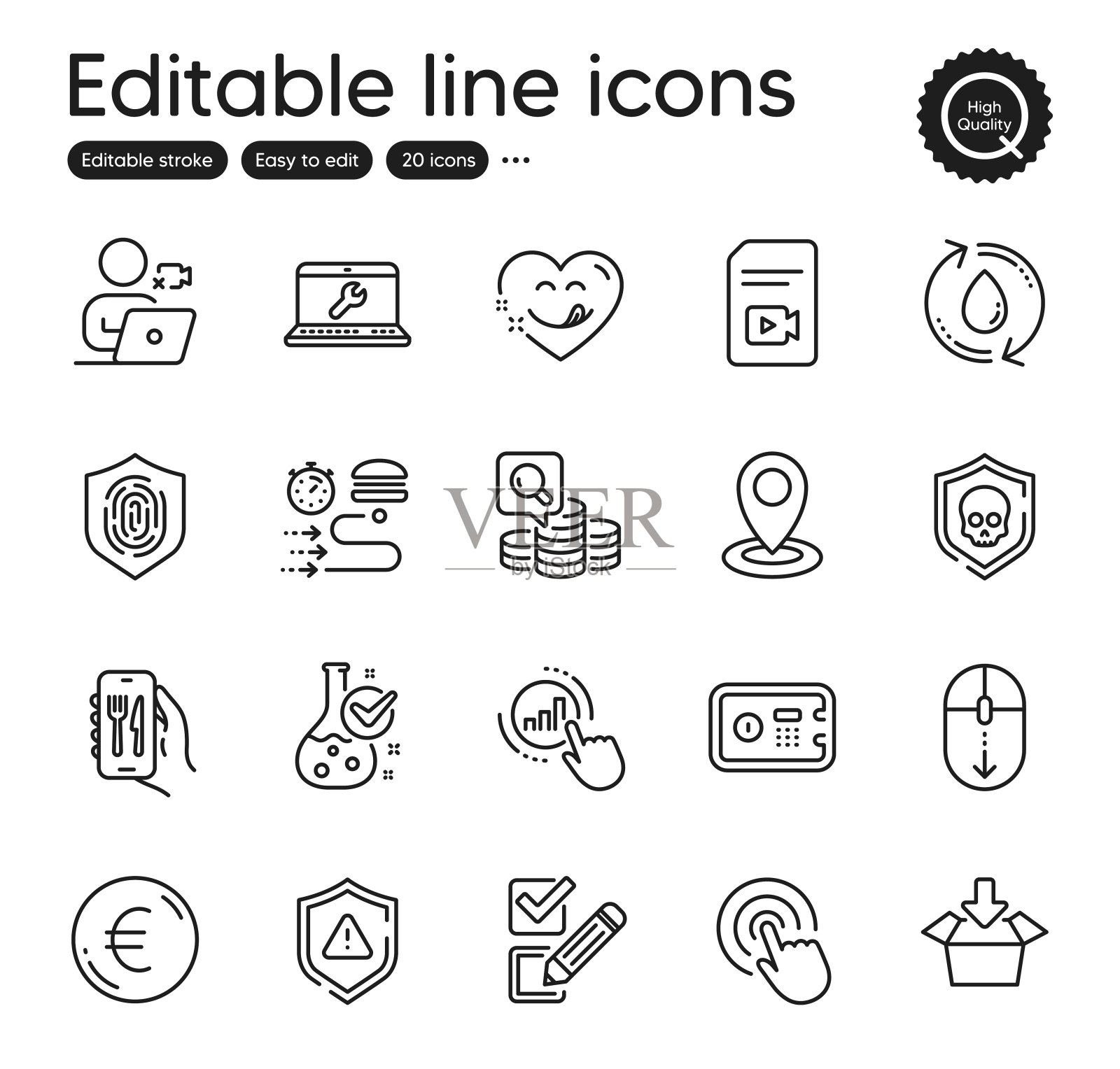 技术轮廓图标集：笔记本电脑维修、欧元、视频文件元素等矢量素材图标素材