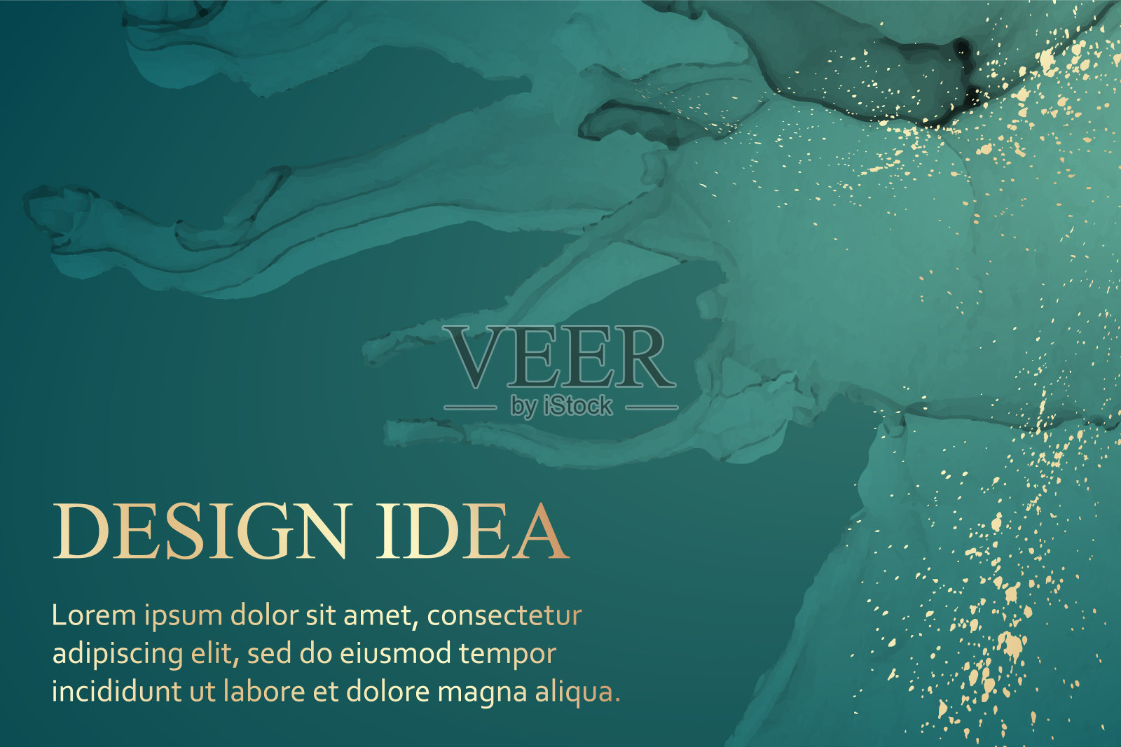 水彩背景与抽象的绿色墨波和金色飞溅。插画图片素材