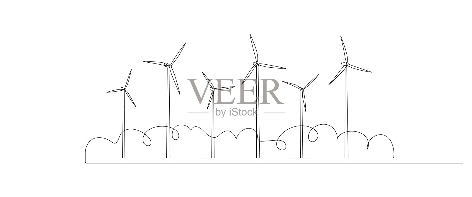 风力涡轮机和风车与灌木在村庄在一条连续的线画。绿色能源和可再生能源的概念，简单的线性风格。网页横幅。画矢量图设计元素图片