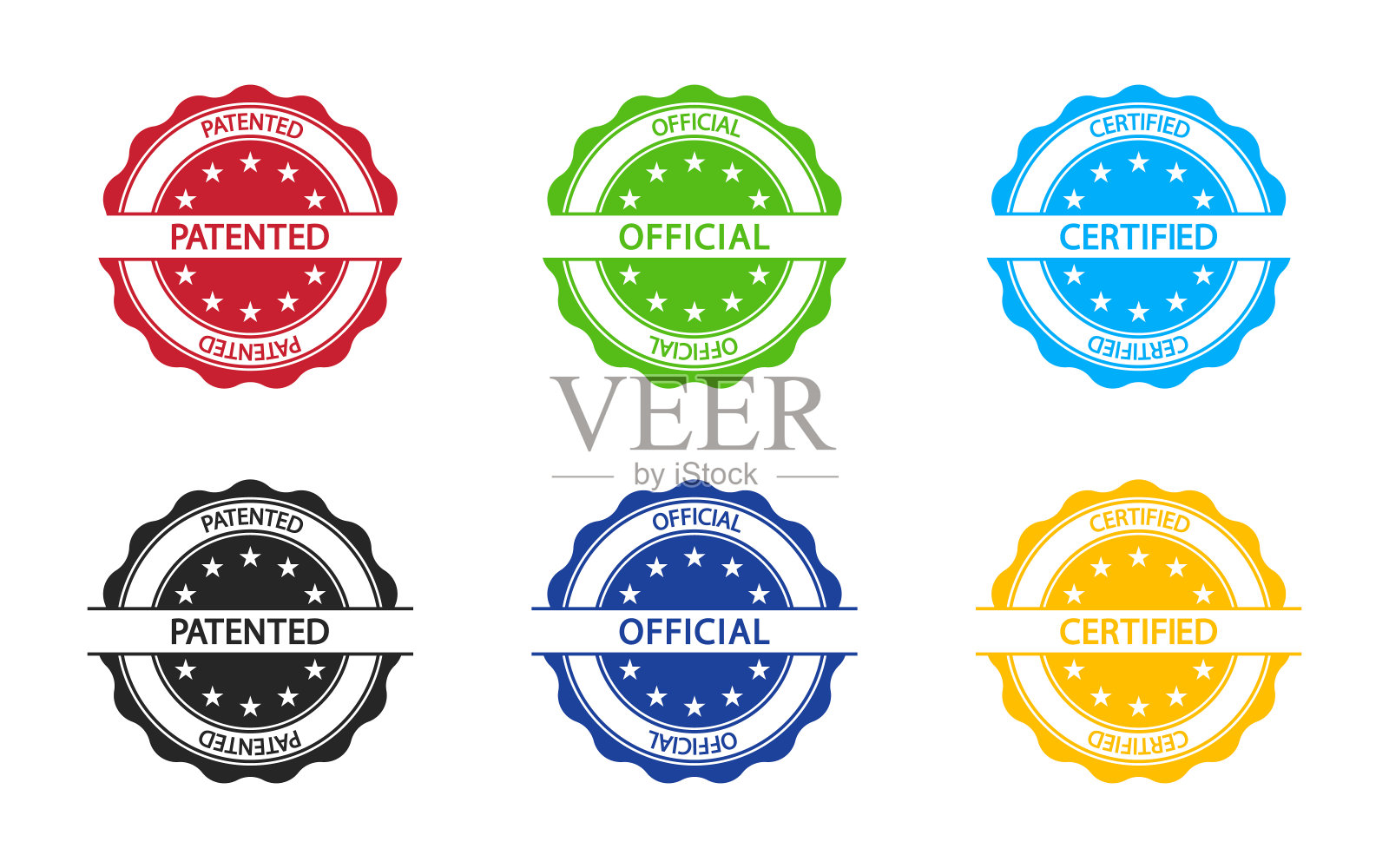 邮票印章。专利证书、官方证书和认证证书的印章。圆形徽章代表专利、认证、质量、验证。签收产品。在白色背景上隔离的保证标签。向量设计元素图片