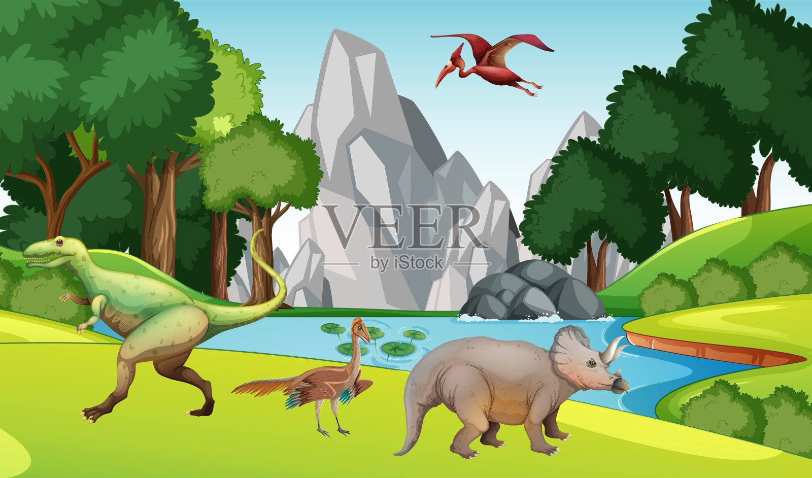 湖边有许多恐龙插画图片素材