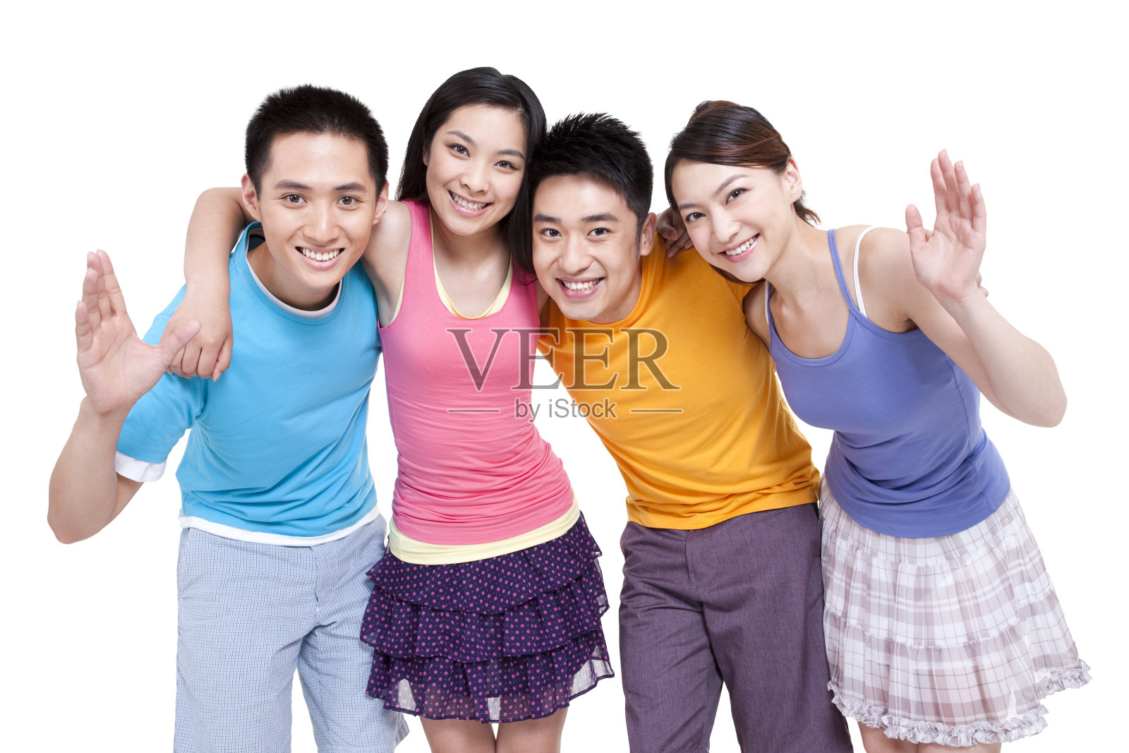 快乐年轻人搭肩膀挥手照片摄影图片