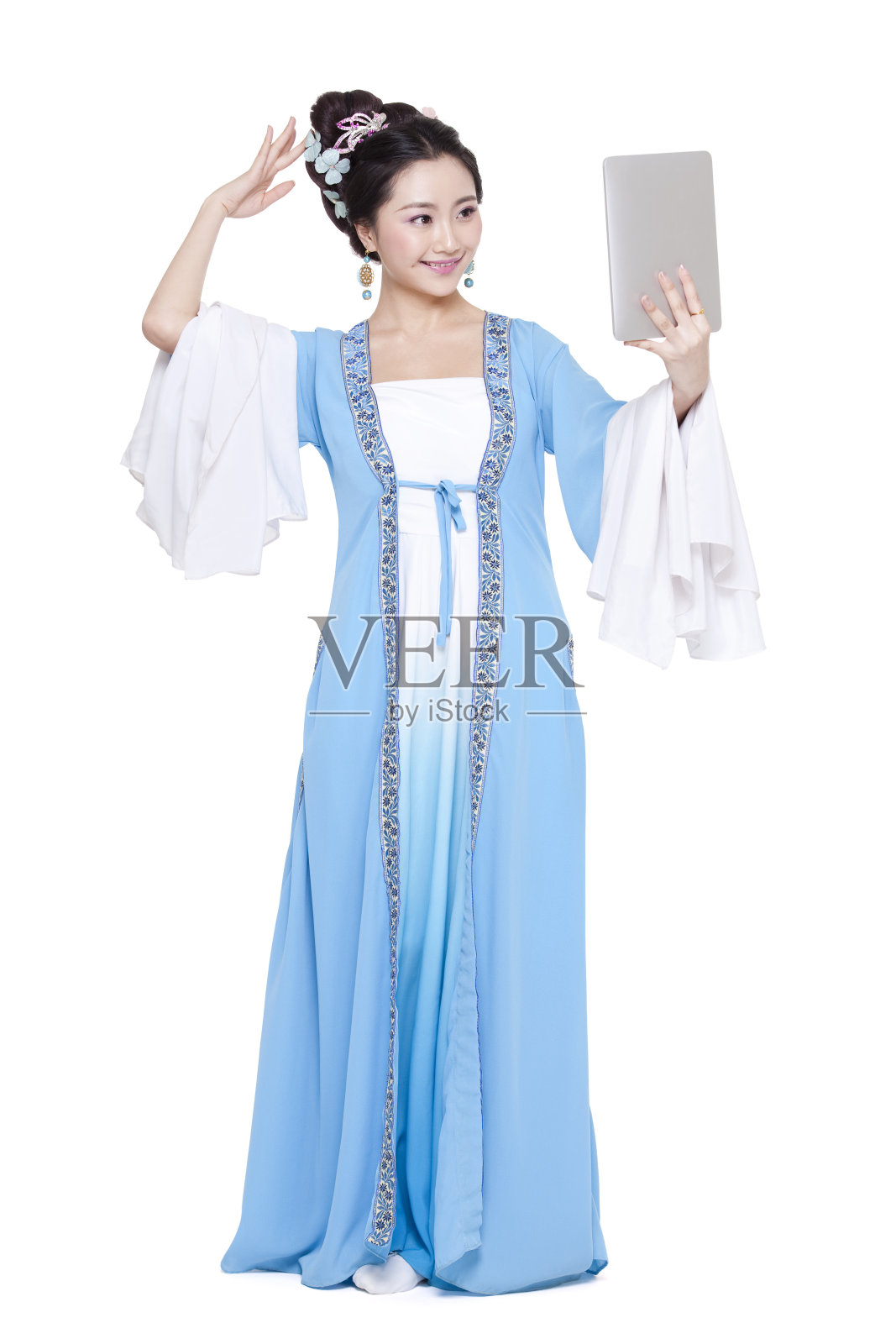 古装美女与平板电脑照片摄影图片