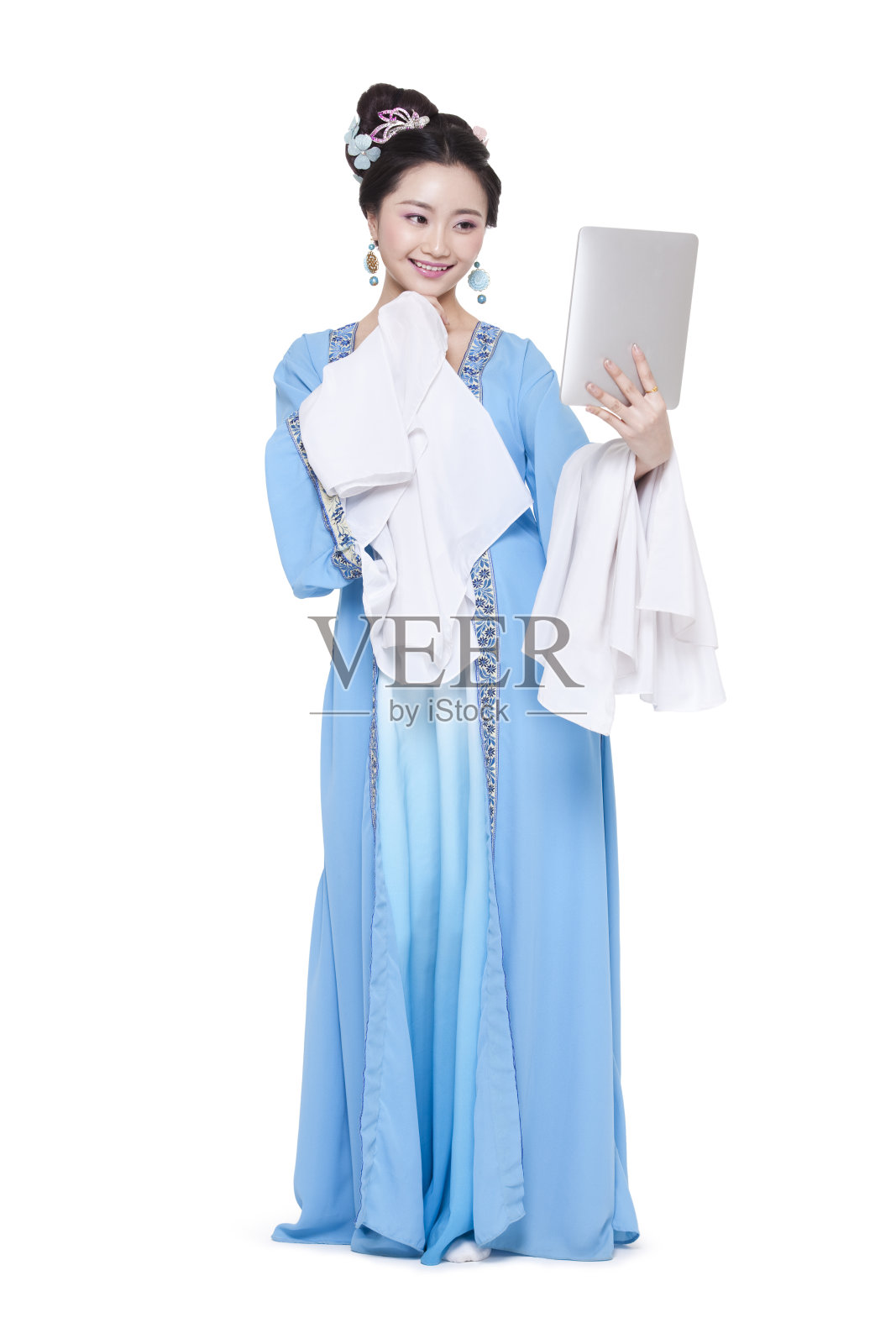 古装美女与平板电脑照片摄影图片