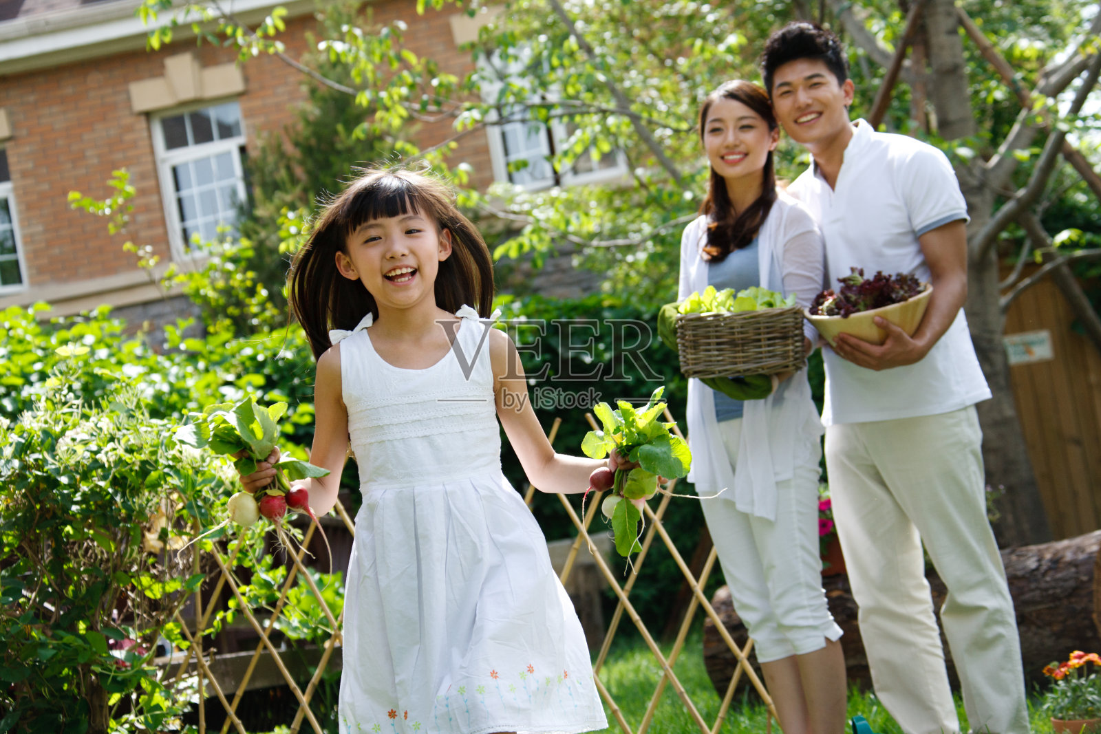 东方三口之家绿色生活照片摄影图片