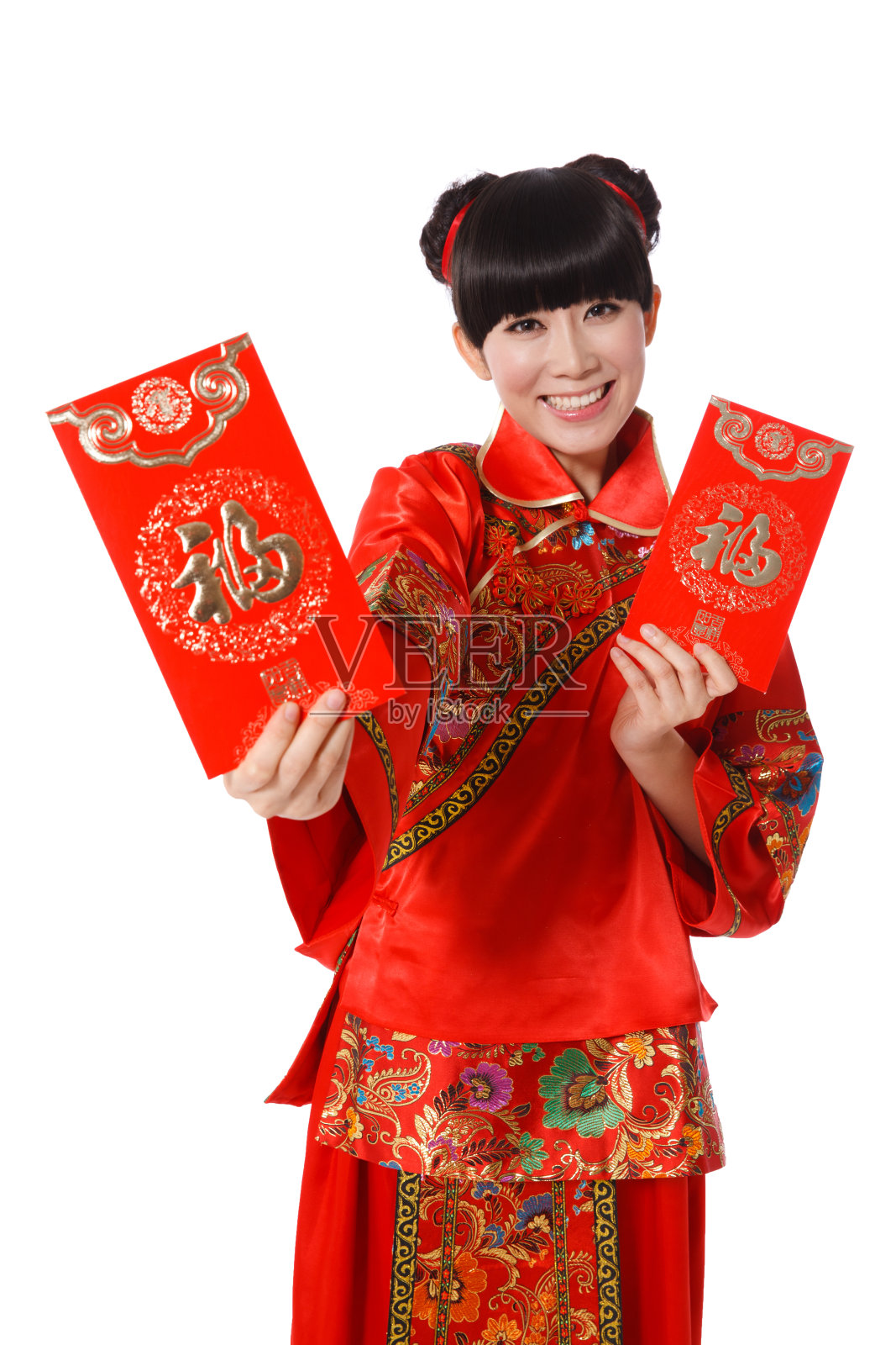 青年女人拿红包恭贺新年照片摄影图片