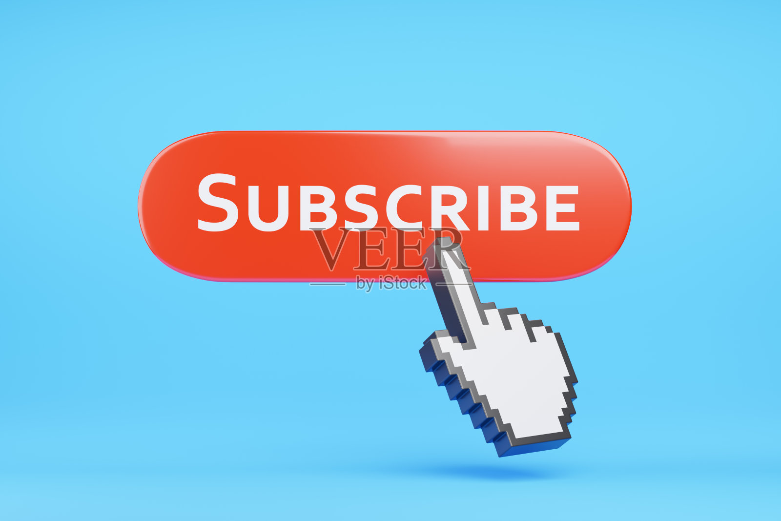 手光标点击订阅按钮。3 d演示。照片摄影图片