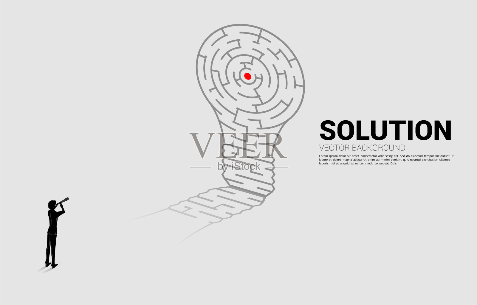 商人的剪影透过望远镜，站在迷宫游戏的灯泡。具有解决问题和发现问题的经营理念。插画图片素材