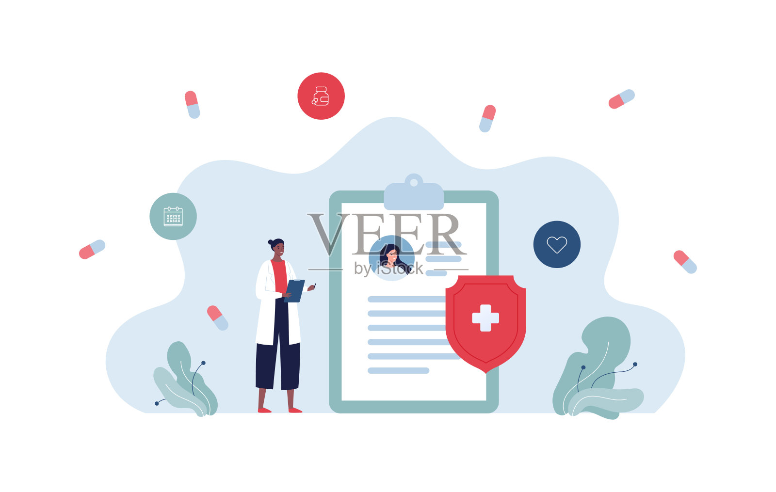 医疗保健的概念。矢量平面字符插图。非洲女医生，病人病历卡隔离在白色背景上。药丸，盾护符号。插画图片素材