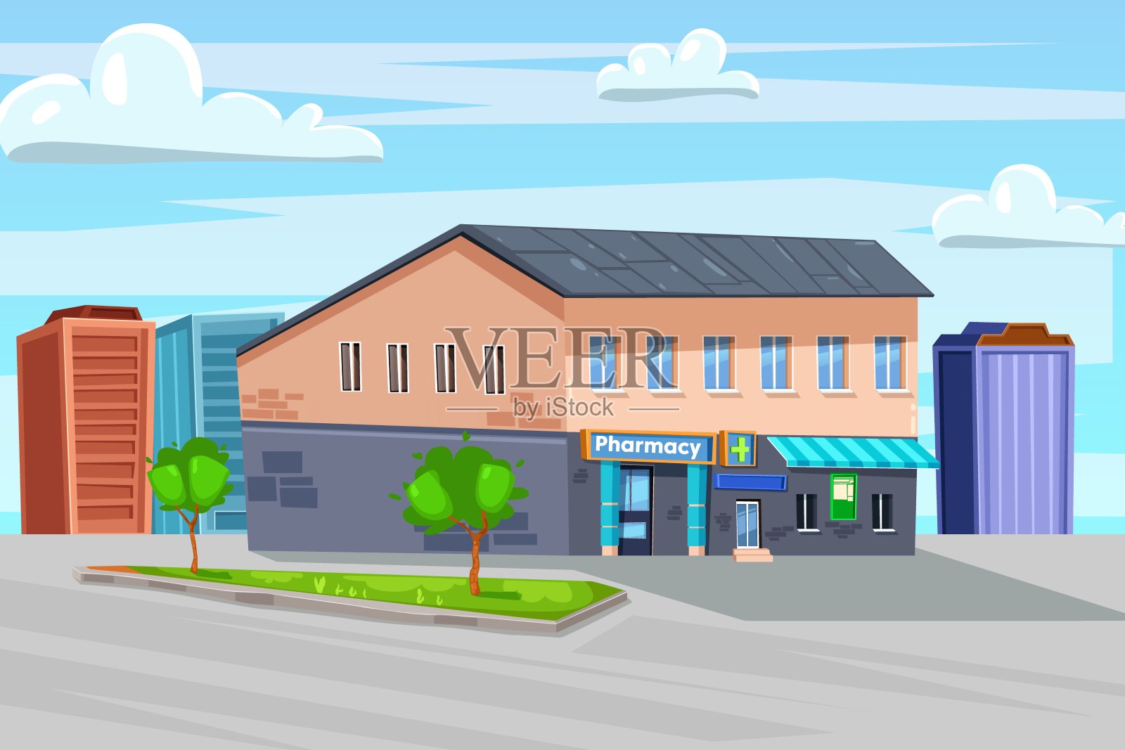 药店前面的城市背景。插画图片素材