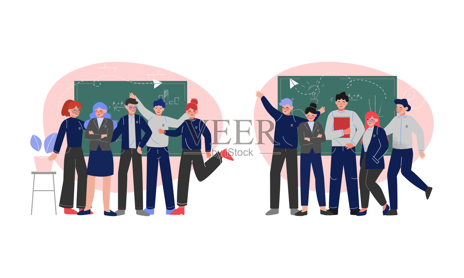 十几岁的学生站在教室的黑板前设置矢量插图插画图片素材