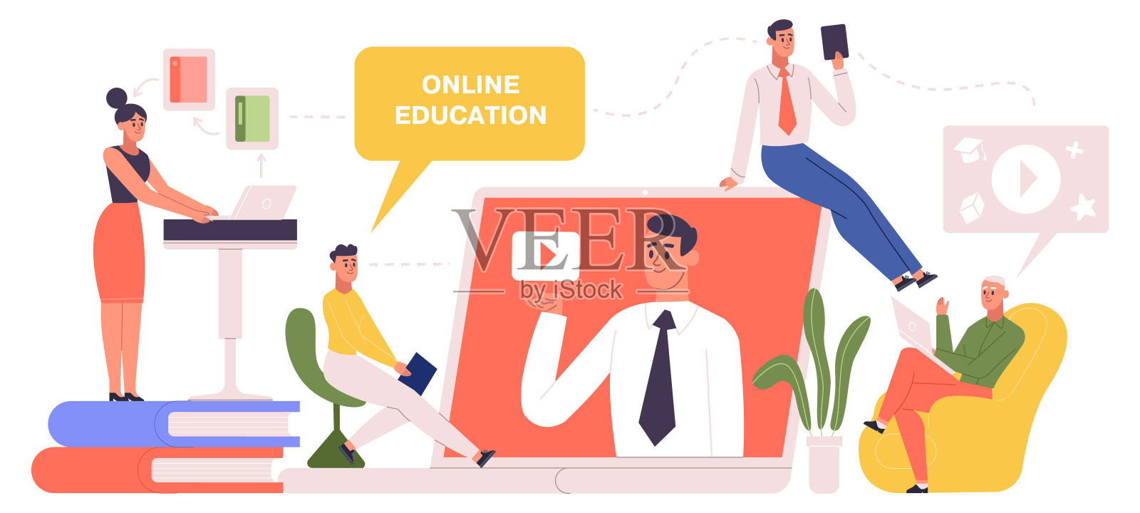 在线学习，电子图书馆，数字工作坊教程。人们通过阅读矢量插图来学习。在电子图书馆学习汉字插画图片素材