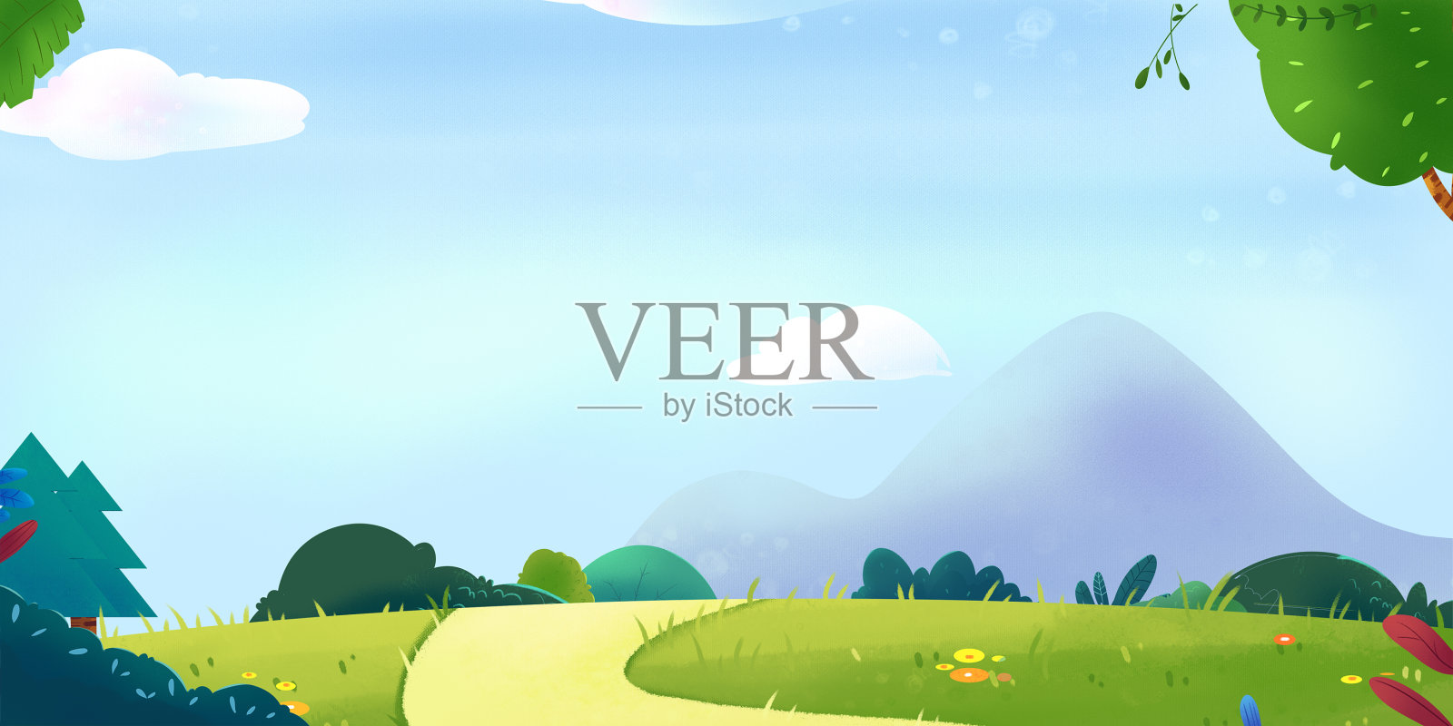 山峦树冠草地花卉清新插画背景插画图片素材