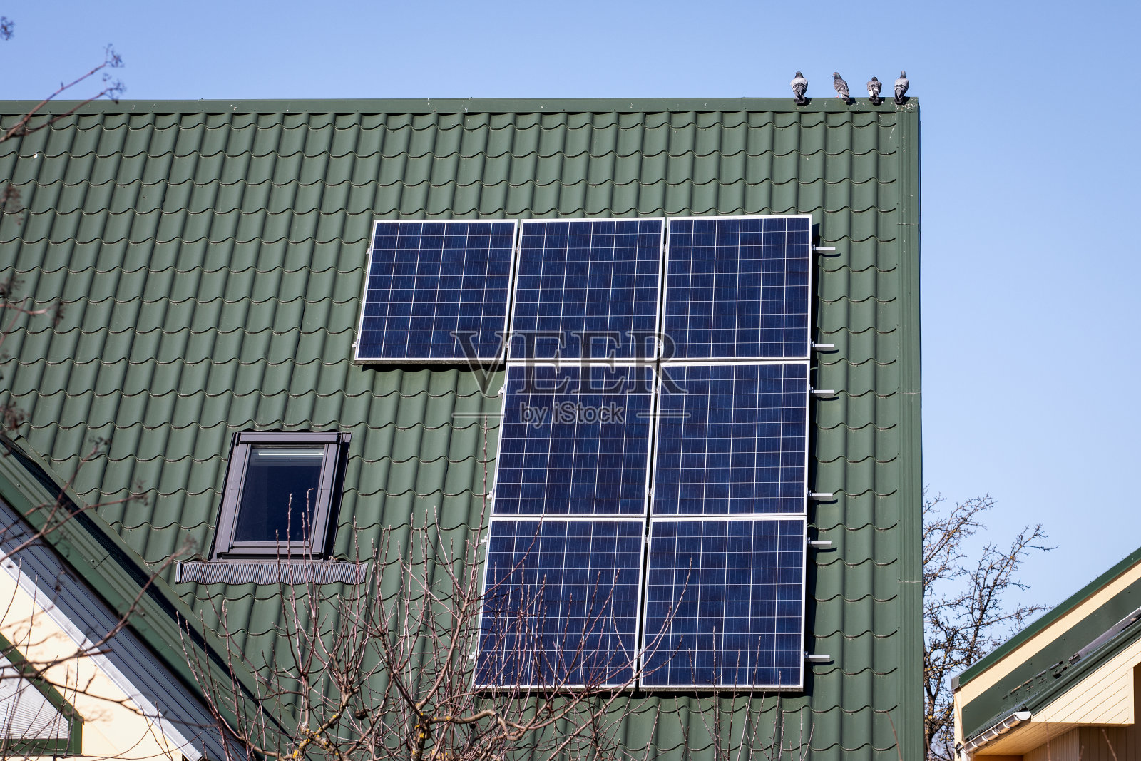 绿色金属屋顶上的太阳能电池板。环保节能照片摄影图片