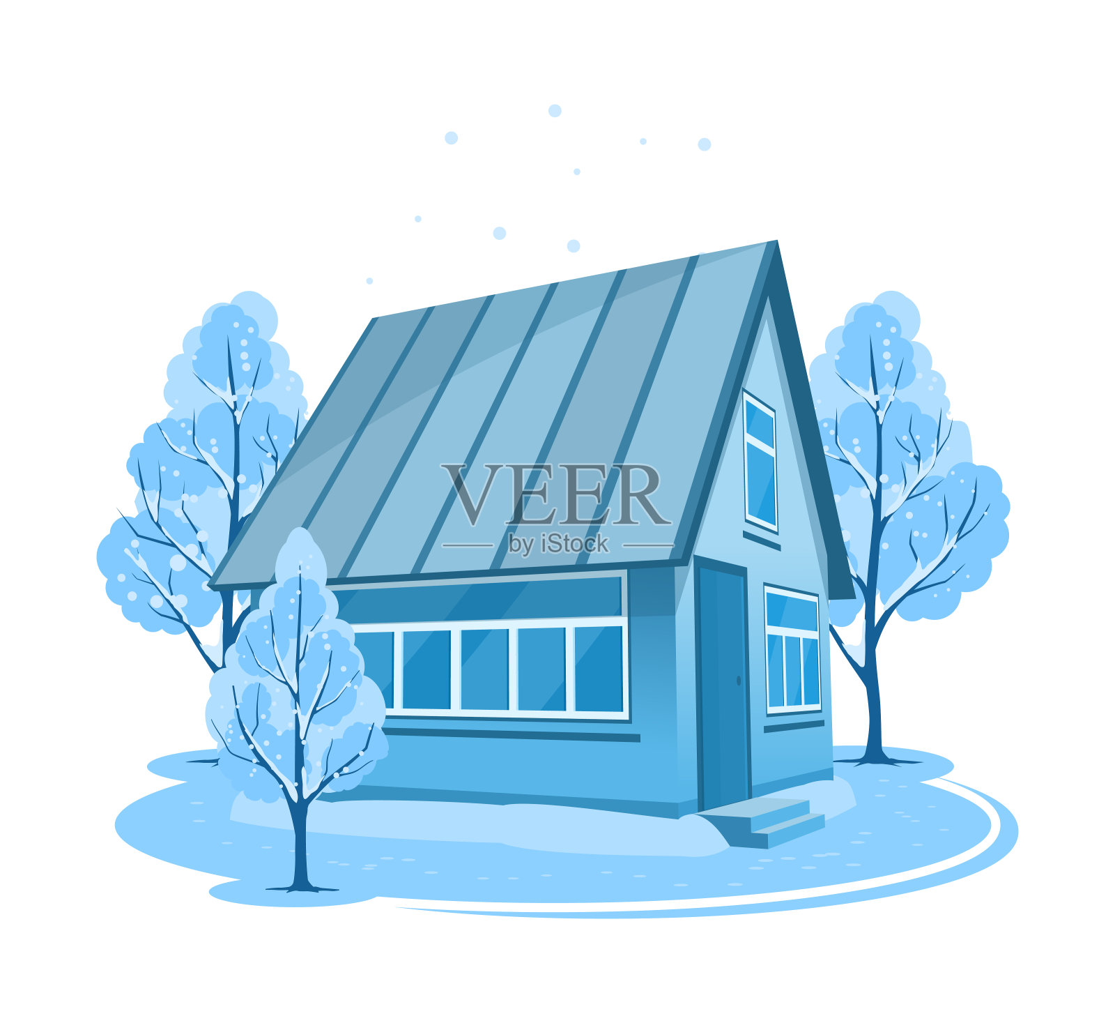 冬天的风景。树木环绕的房子设计元素图片