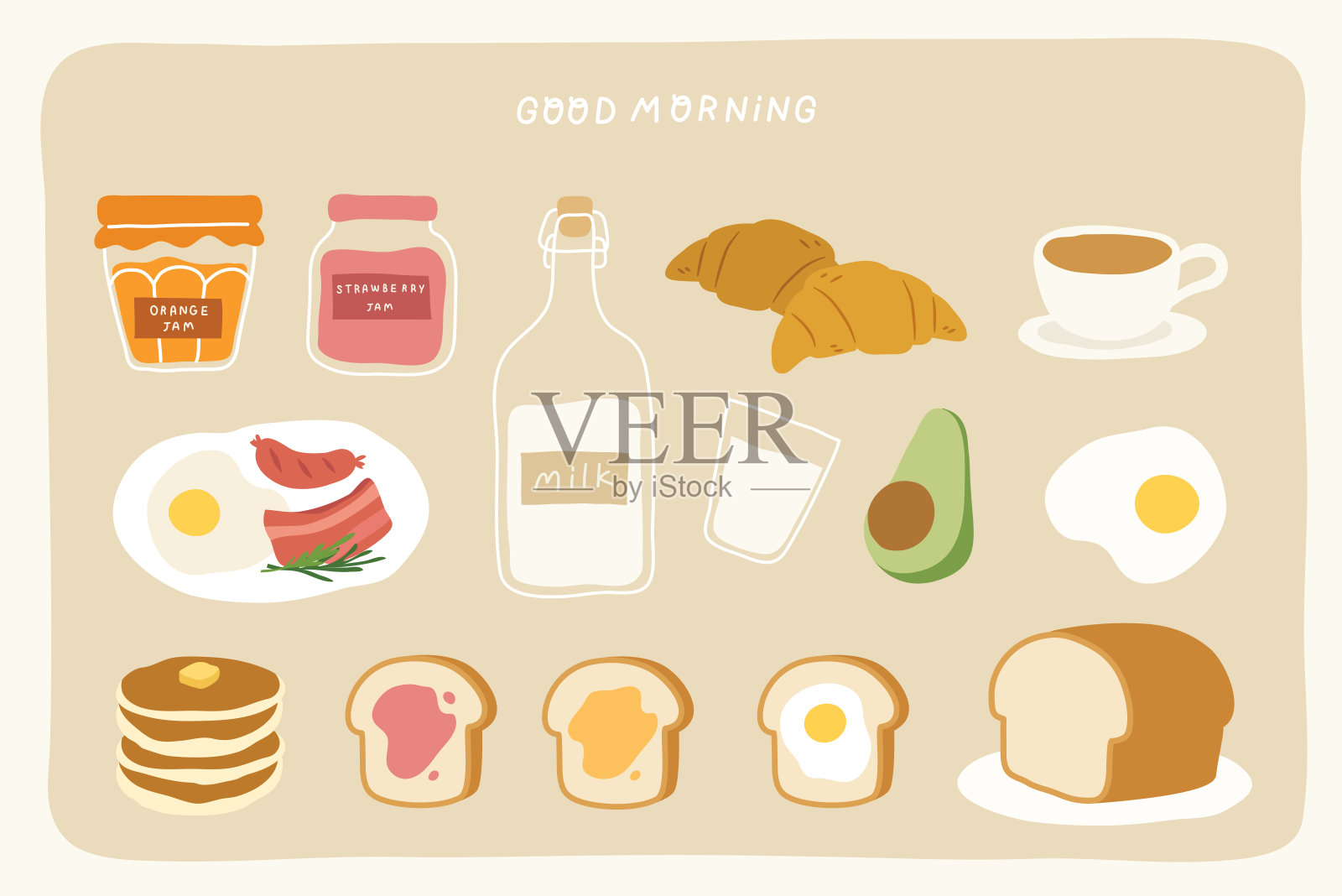 一套可爱和舒适的早餐对象与“早上好”信息。咖啡、面包、果酱、牛奶、牛角面包、煎饼、鳄梨、煎蛋和早餐被隔离在米色的背景上作为装饰。插画图片素材