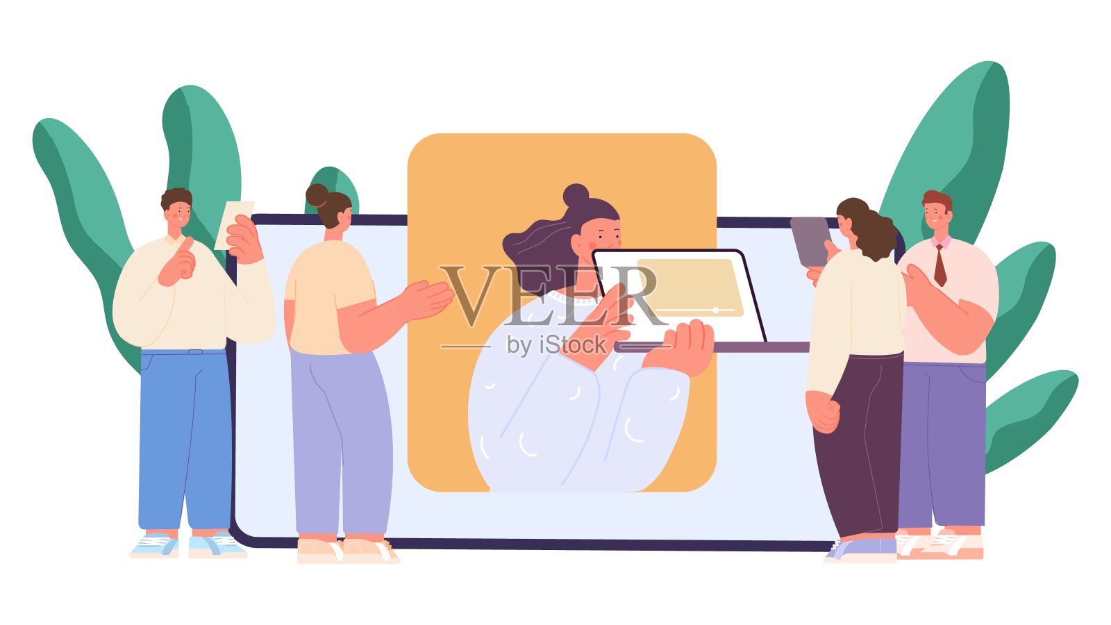 网上商务会议。人们在智能手机屏幕上看着女人。影响者或在线营销，矢量管理概念插画图片素材