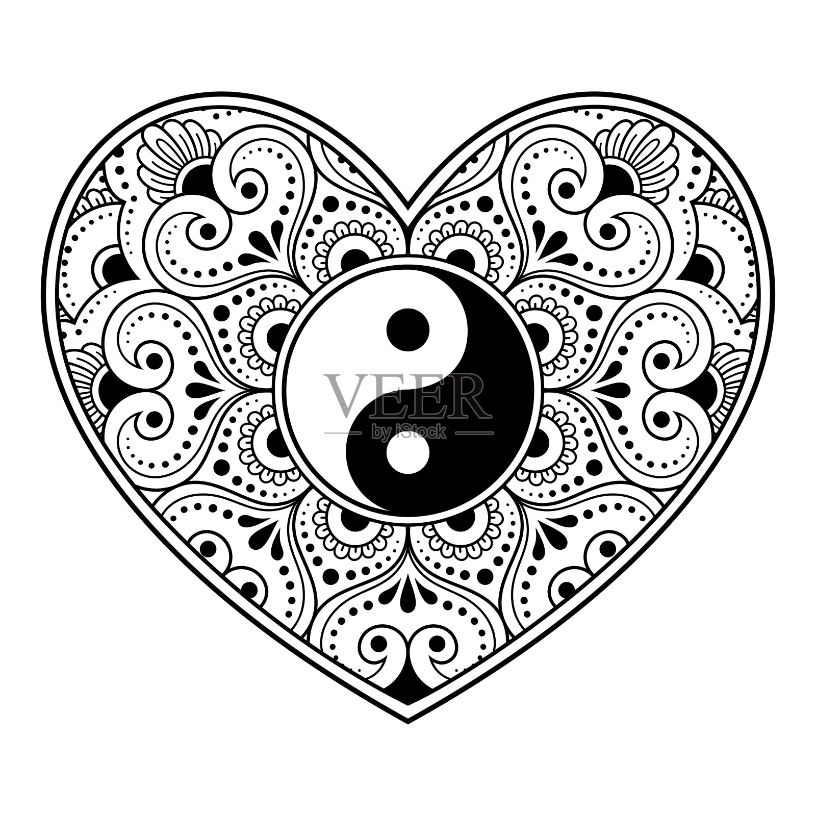 印度风格曼海蒂心形阴阳纹身图案插画图片素材