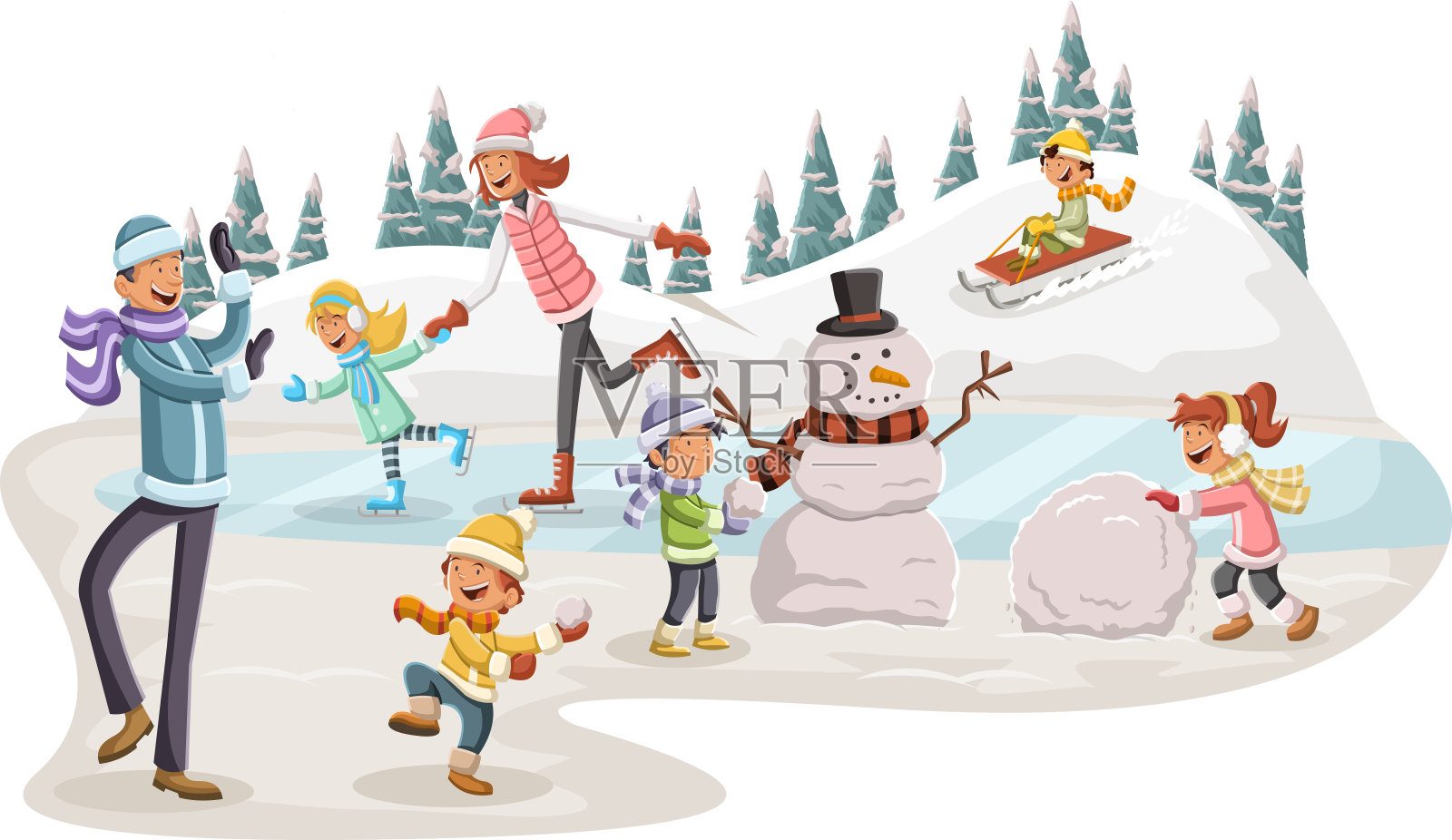 卡通人物在公园里玩雪。插画图片素材