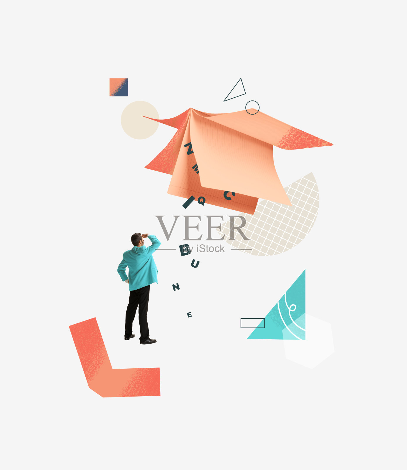 当代艺术拼贴。一名男子站在一本巨大的书前，书中倒下的字母象征着新的知识插画图片素材