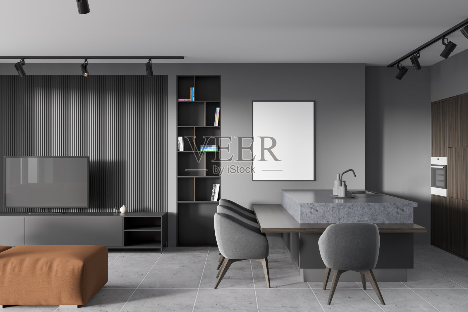 灰色的客厅内部与空的白色海报，沙发，扶手椅照片摄影图片